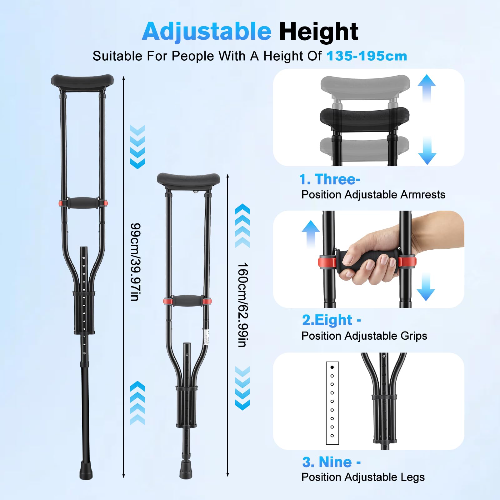 Muletas Axilares 1 Par, Altura Ajustable 99-160cm, Muletas de Aluminio Plegables con Amortiguación, 19 Niveles Regulables, Soportan hasta 150kg,Almohadillas Antideslizantes para Adultos y Post-Cirugía