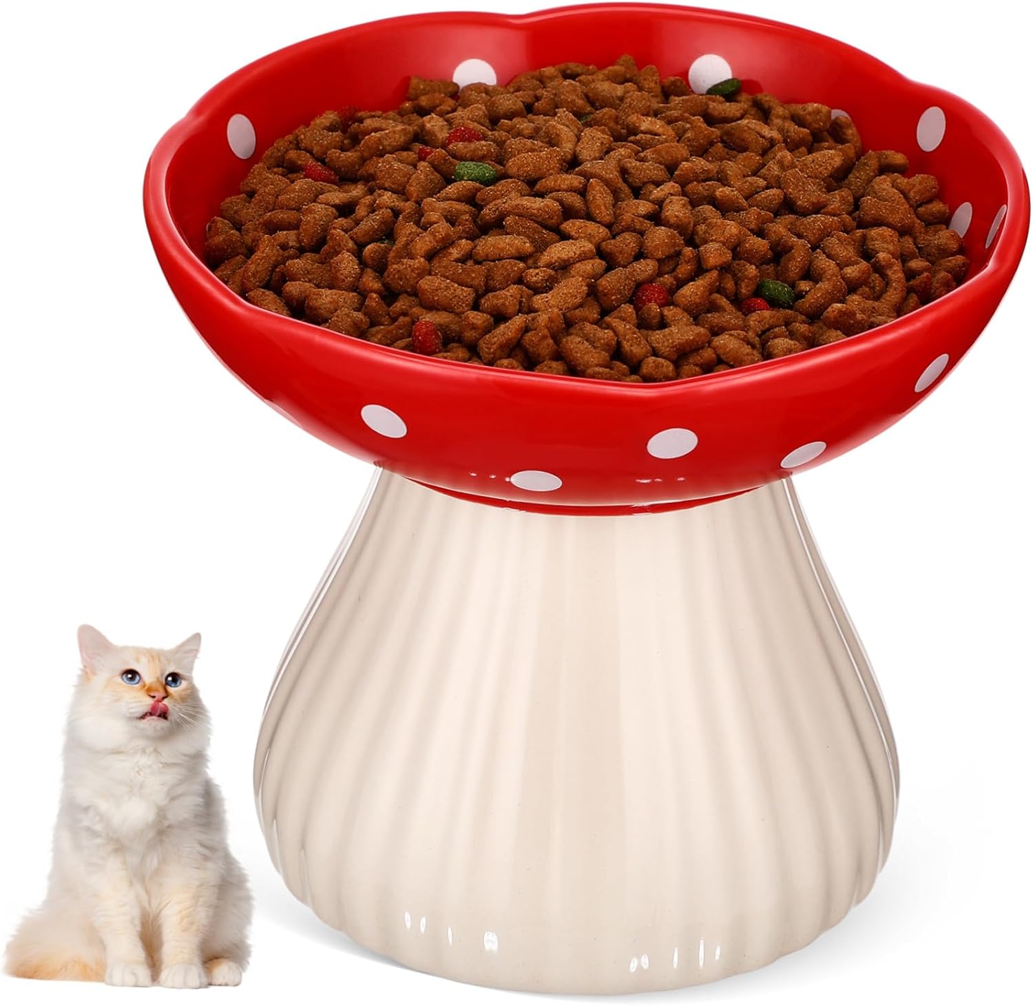 Vaguelly Elevated Ceramic Cat Bowl Stable High Cat Feeder Wide Base Mushroom Design for Comfortable Dining Prevents Whisker Fatigue Easy to Pet Dish