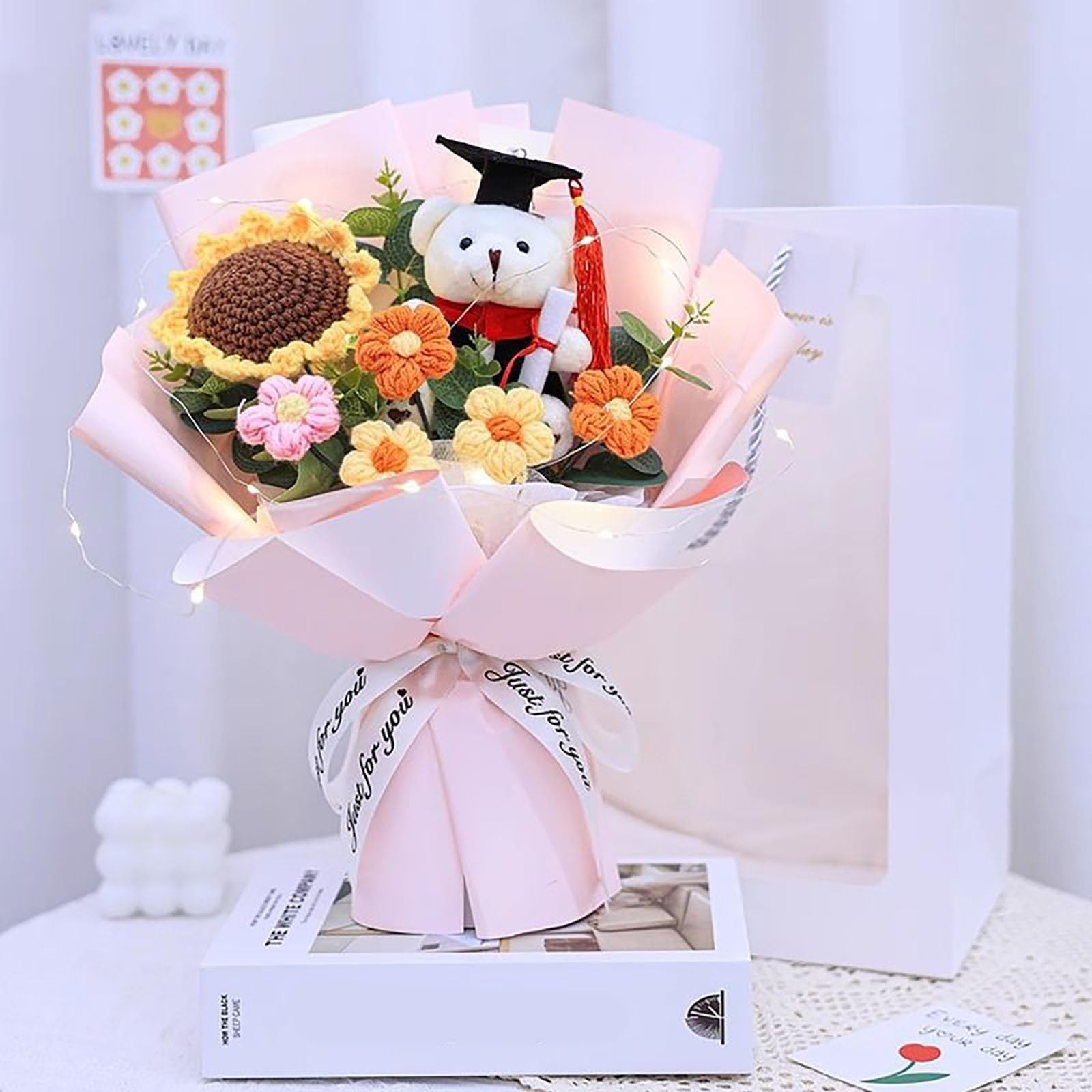 Graduation Bear Bouquet - Creative Graduation Flowers, Large Elegant Plush Bouquet, Graduates Knitting Bouquets, Handmade Graduations Crochet Flowers, Graduate Gift (Pink)