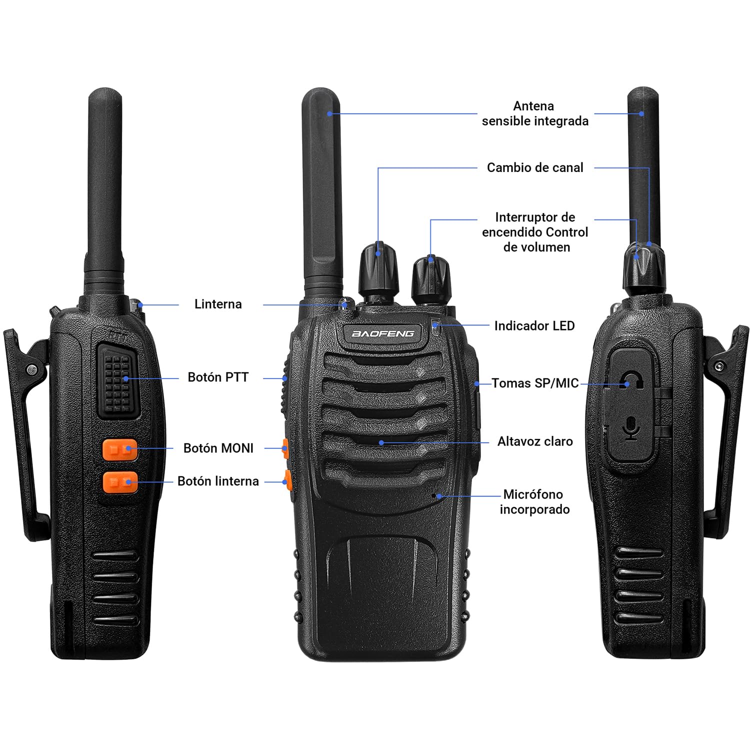 Baofeng Walkie Talkie Radios Bidireccionales BF-88X 16 Canales USB Recargable VOX Walkie Talkies Profesionales,Incluye Base de Carga, Batería y Auriculares(2 Piezas)