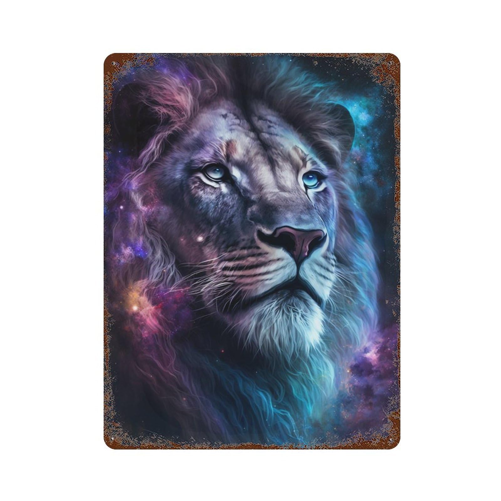 Rust Effect Cosmic Lion Portrait Art Print Vintage Rust Metal Sign 15.7"x11.8", Decorative Metal Wall Art for Shed, Workshop And Garage Wall Decor
