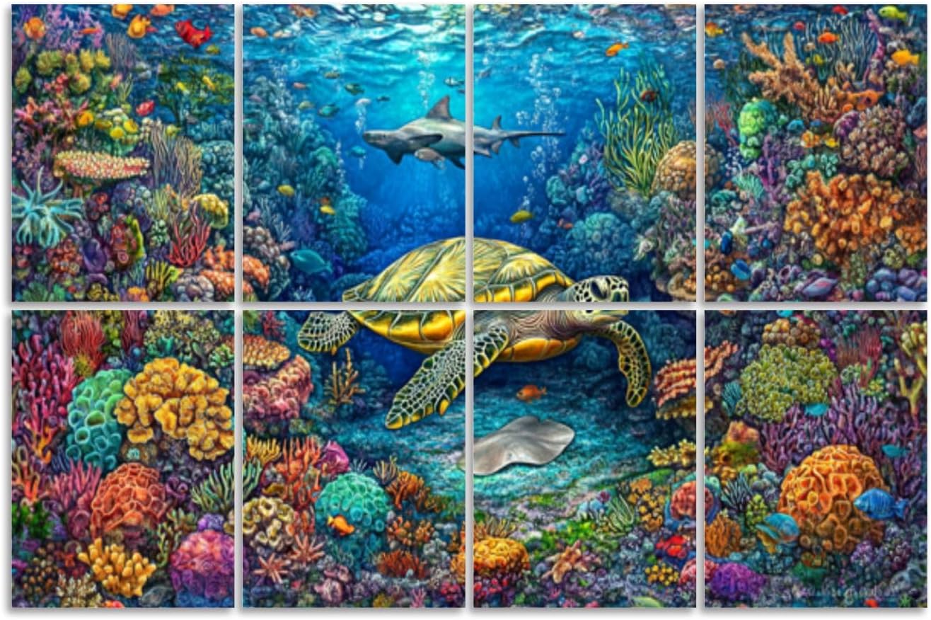8 Pack Art Acoustic Panels Sound Absorbing Ocean Water Turtle Fish Coral Reefs Sea Nature Wilderness Tropical Sun Decorative Soundproof Wall Panels Self Adhesive for Recording Studios Office 48"x32"