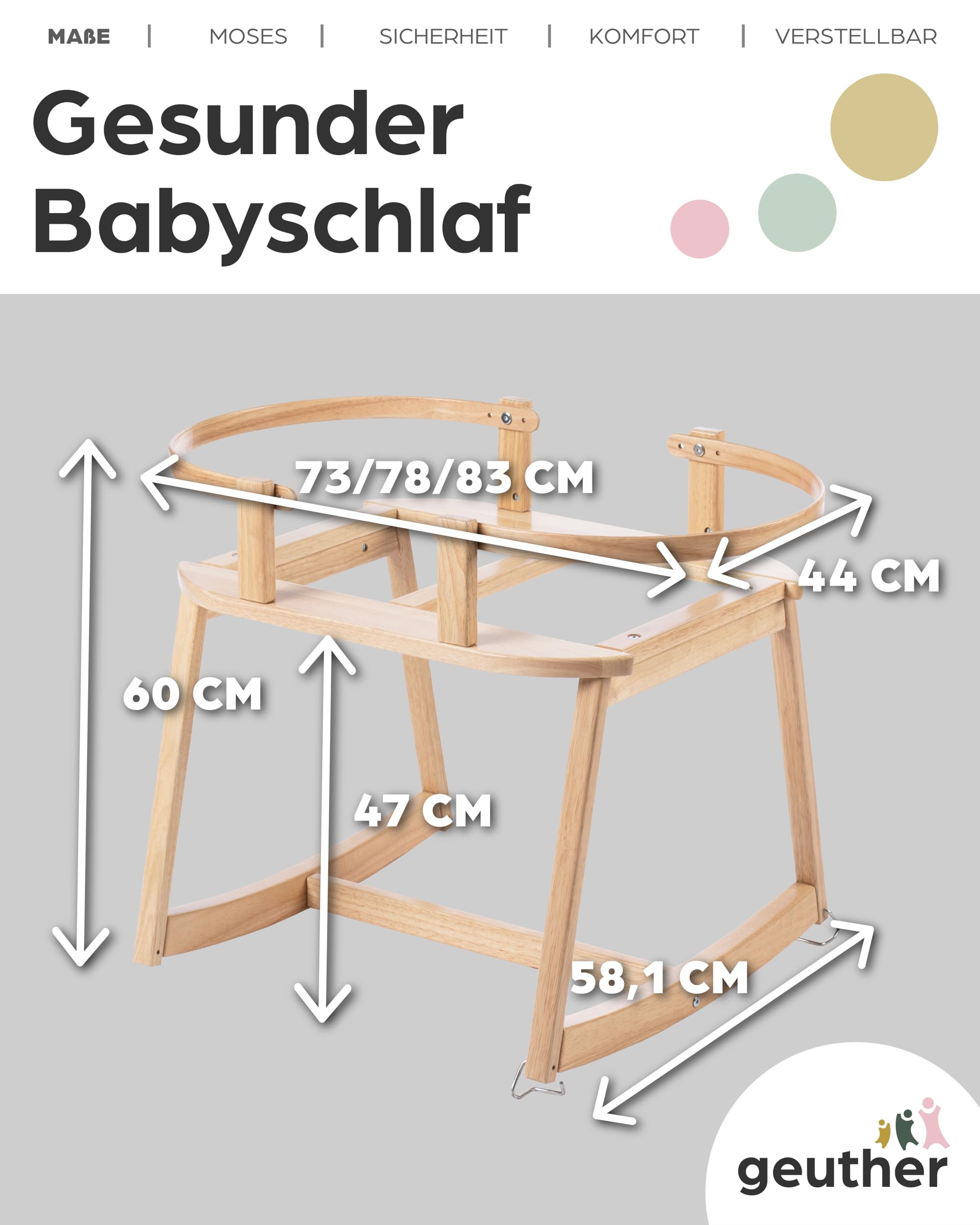 Geuther Untergestell für Moseskorb Baby | Stubenwagen mit Schaukelfunktion für Geuther Babynestchen, Baby Beistellbett | aus nachhaltigem & massivem Gummibaumholz, Baby Bett Gestell, naturfarben