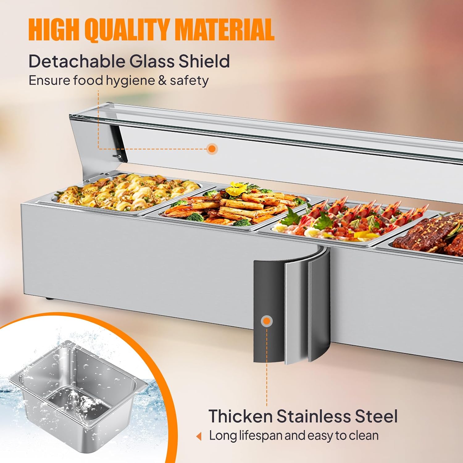 ROVSUN 60QT Electric Commercial Food Warmer 1700W, 5-Pan Steam Table 12QT/Pan Stainless Steel Bain Marie w/Acrylic Shield Temperature Control & Lid for Buffet Restaurant