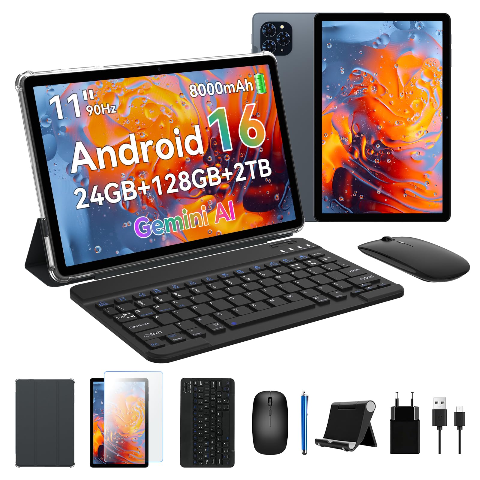 Tablet 11 Pollici Android 16, 24GB RAM+128GB ROM (Espandibile 2TB) | Tablet con Tastiera e Mouse (Penna/Custodia), Widevine L1, 8000mAh, WiFi 5G, GPS, Face ID, Ideale per Studio e Lavoro