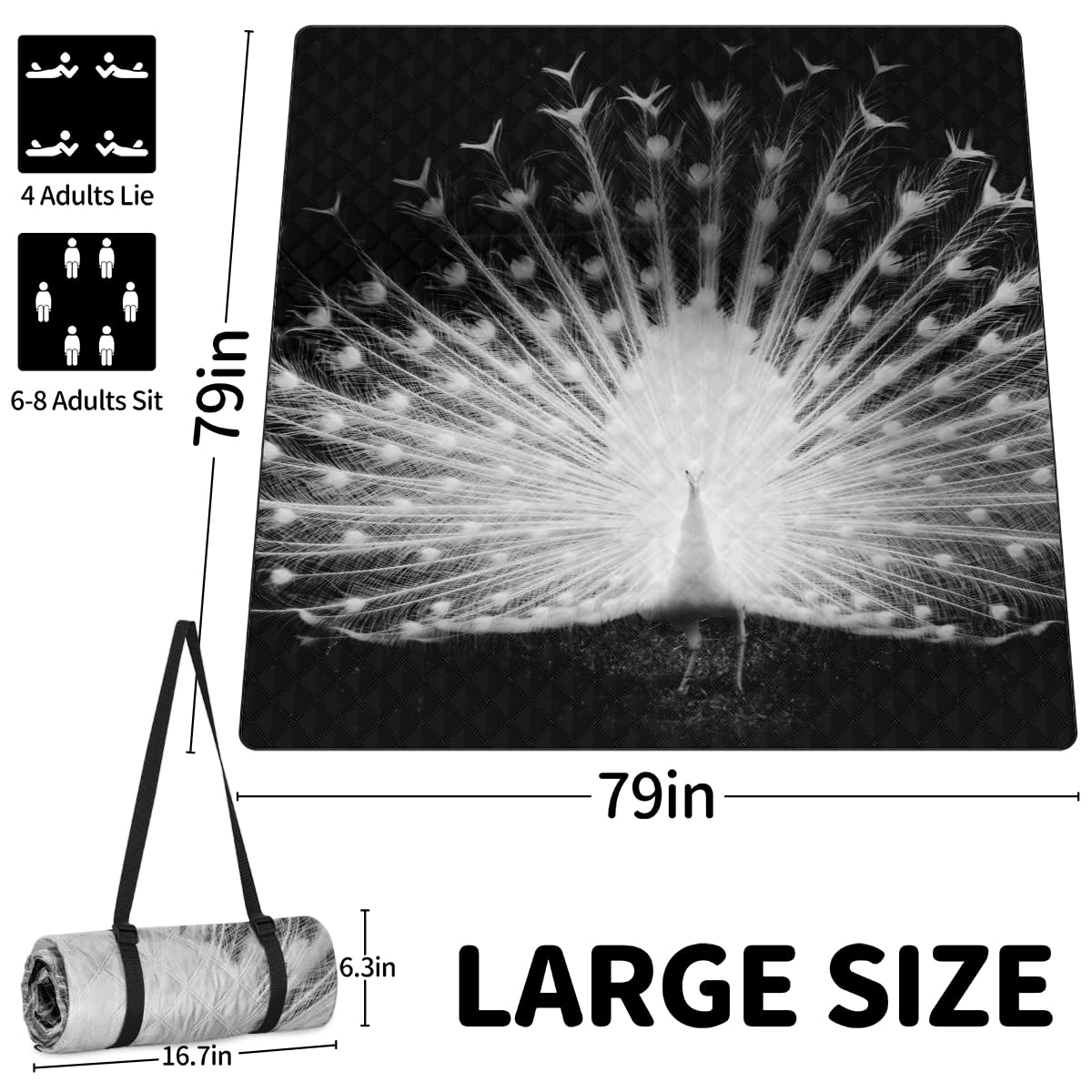 Shimoshe Extra Large Picnic Blankets 79”x 79”, Peacock Opening Waterproof Foldable Picnic Mat with Straps Portable Beach Blanket for Camping Park Grass Beach Indoor