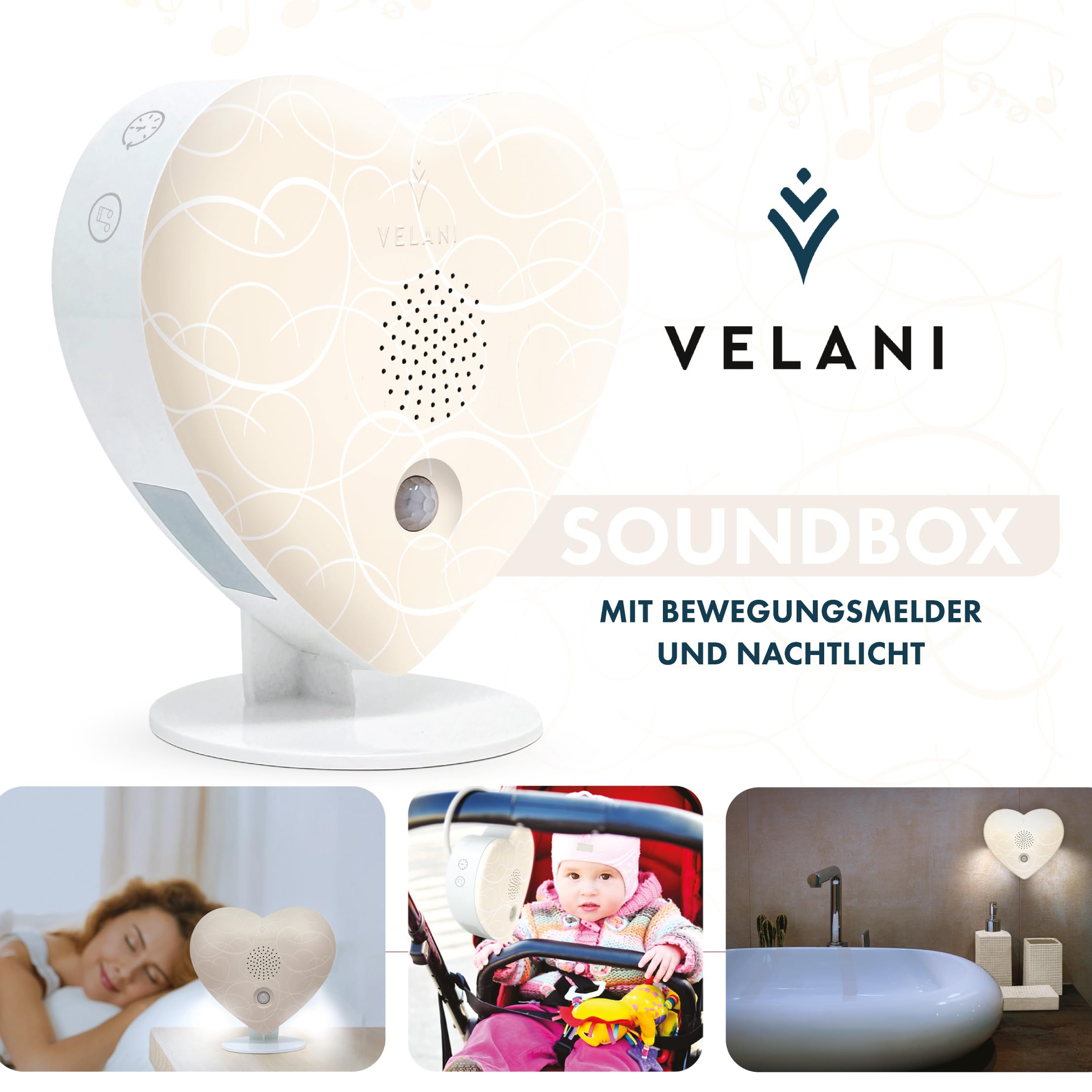 Zwitscher Naturgeräusche Box mit Bewegungsmelder - 18 brillante Klänge, Timer 2–120 Min. für Entspannung im Gäste WC, Vogelgezwitscher Box – VELANI Prestige (Pastell-Cremeweiß, Herz)