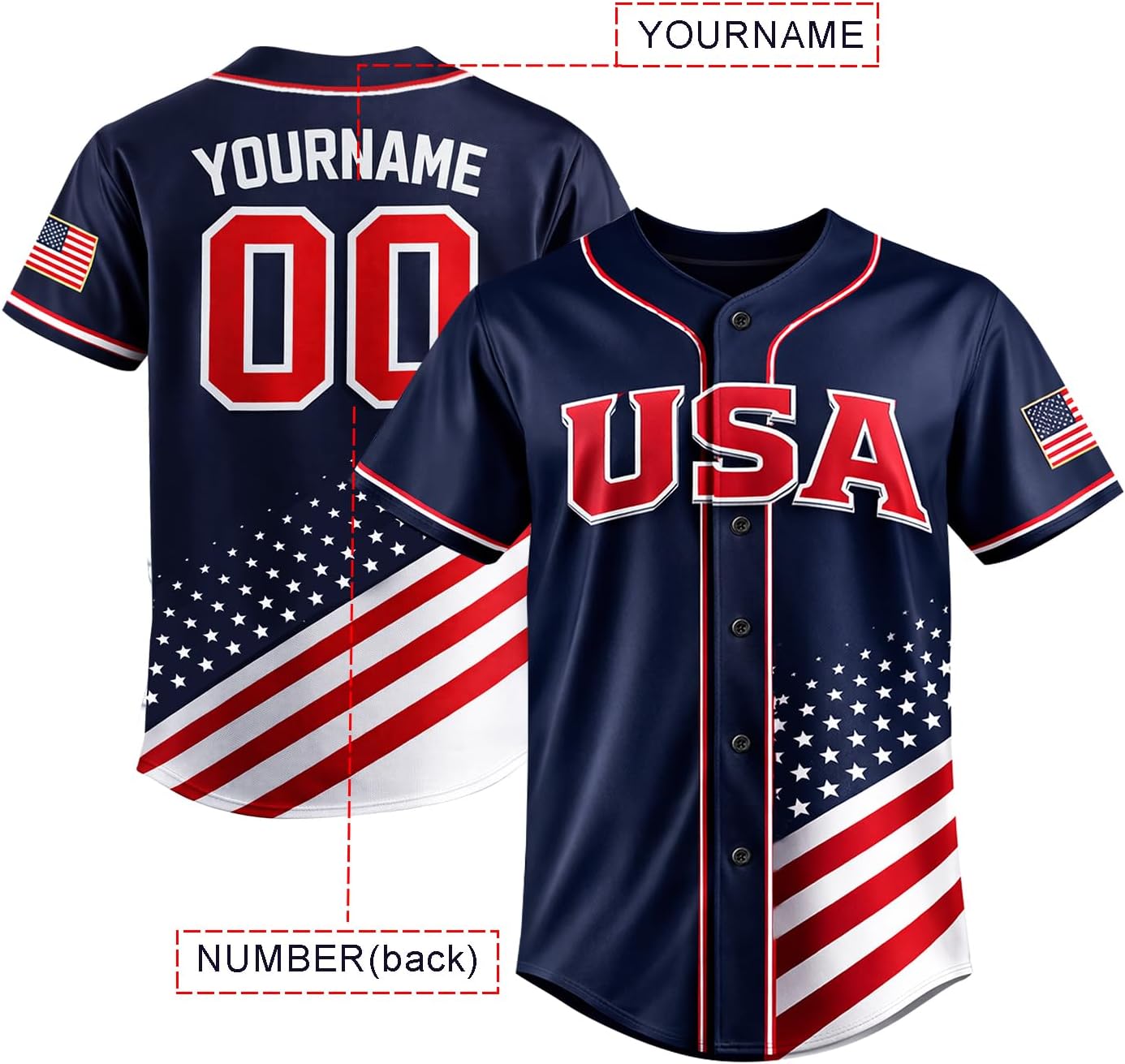 USA Patriotic Baseball Jersey Custom Name & Number American Flag Button Down Sports Shirt for Men Women