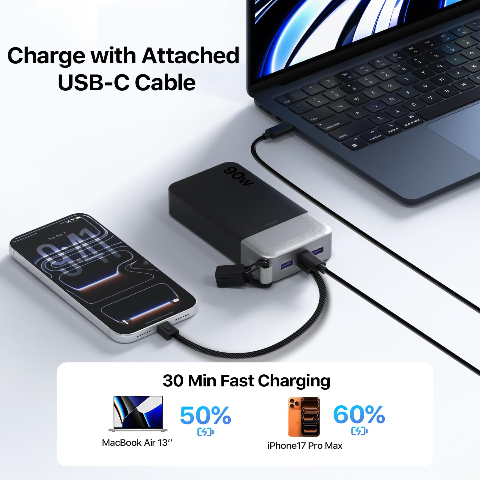 JUOVI Power Bank 20000mAh 90W Caricatore Portatile con Cavo Rimovibile | Ricarica Rapida PD QC con 4 Porte Display LED Batteria Esterna per Laptop MacBook iPad Steam Deck Telefoni