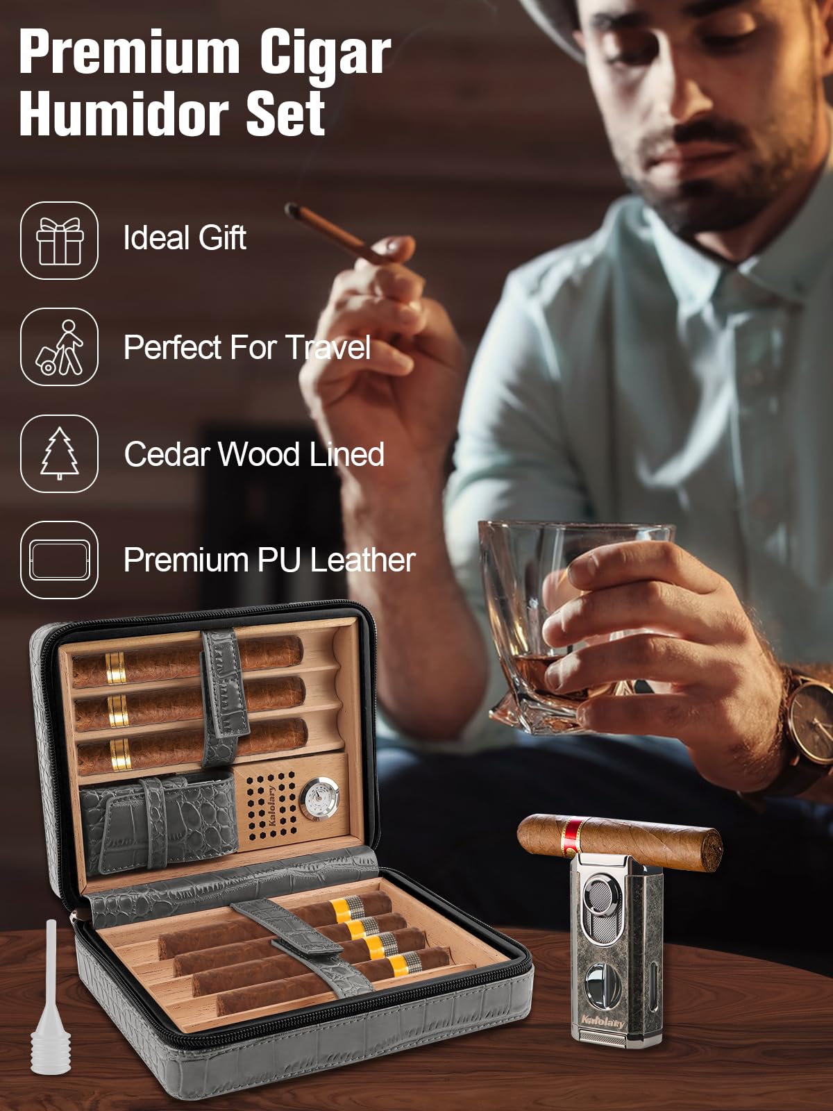 Kalolary Zigarren Humidor Leder mit Zigarrenschneider, Tragbarer Reise Humidor Zigarren mit Zedernholz Auskleidung für Hält bis zu 8 Zigarren, Tolle Geschenke für Männer (Grau-Schwarz)