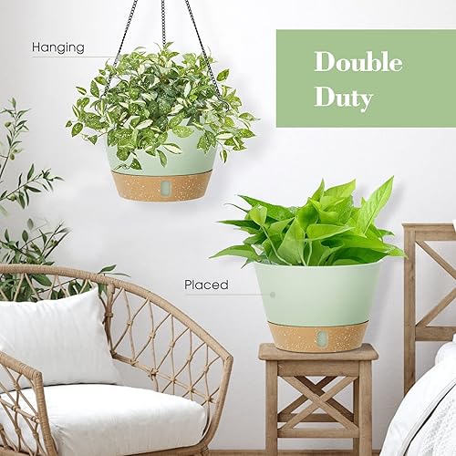 Miniatura 6 de Kubvici Macetas colgantes para plantas de interior plantas de exterior paquete de 2 cestas de plástico colgantes con agujeros de drenaje de coco