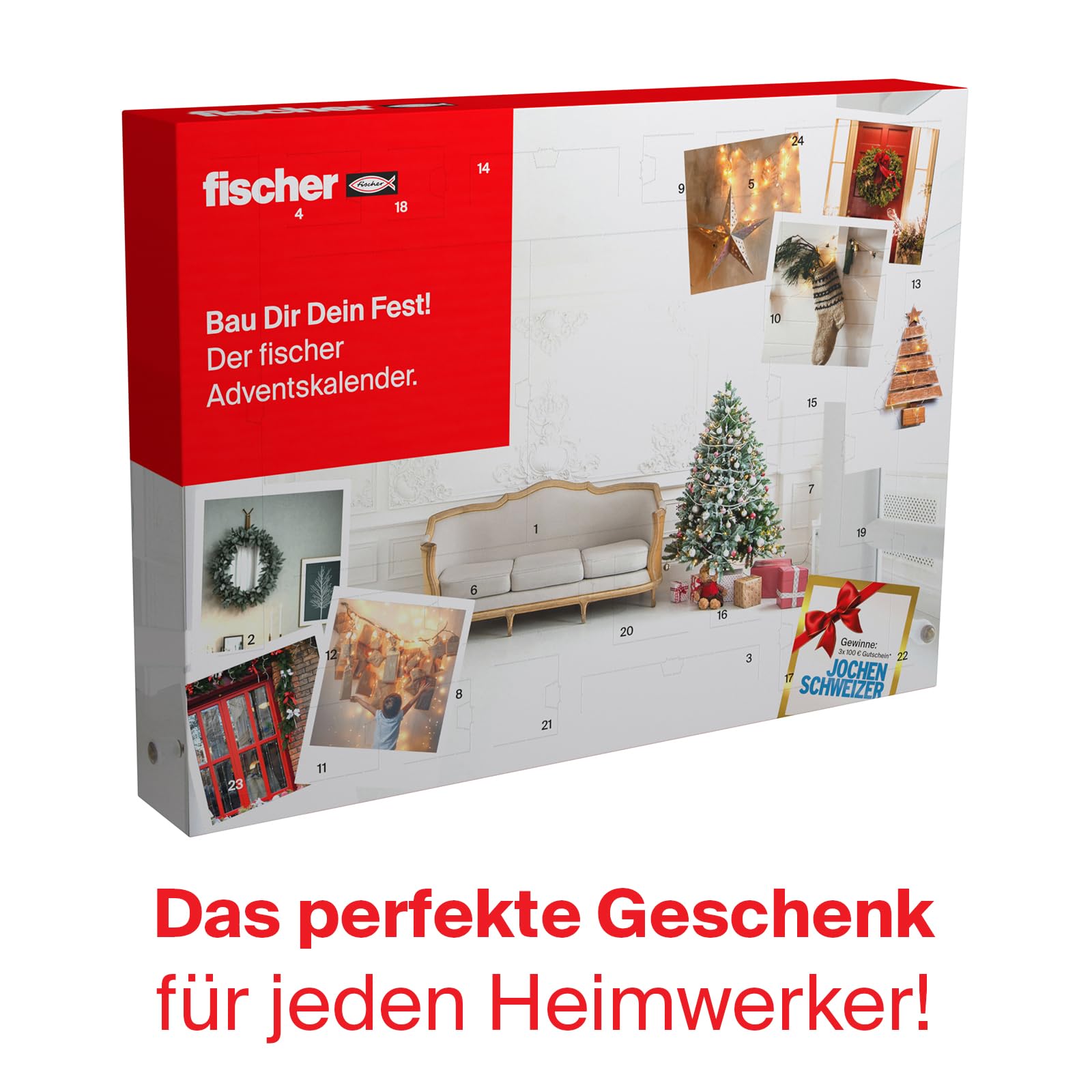 fischer Calendario de Adviento – 24 prácticas soluciones de fijación para bricolaje creativo, aficionados al bricolaje y manualidades, mezcla de tacos, tornillos, brocas, brocas y más