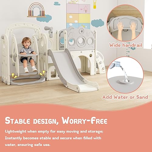 Miniatura 5 de Juego de tobogán y columpio 9 en 1 para niños pequeños de 1 a 3 años, para interiores y exteriores, con aro de baloncesto, telescopio