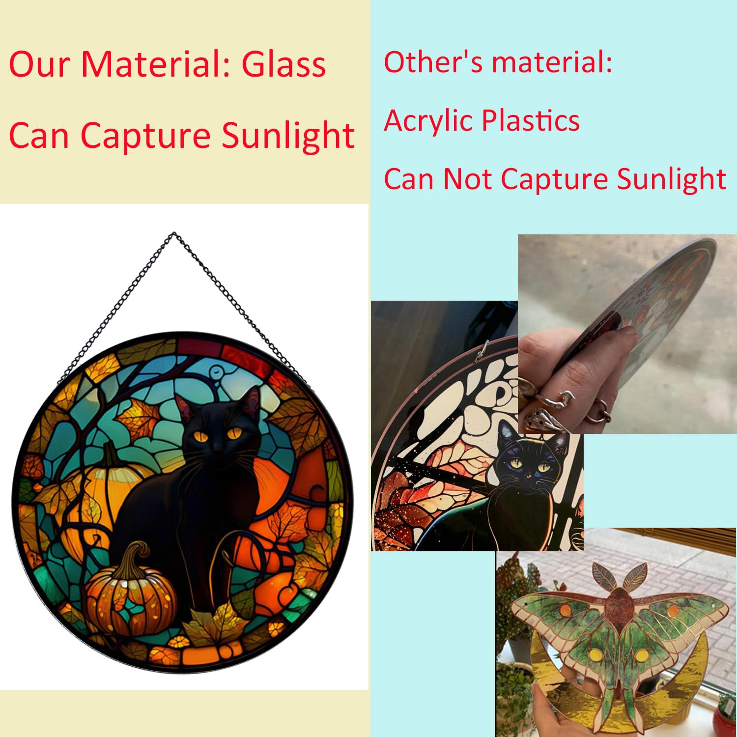 Payutou Black Cat Pattern Suncatcher Stained Glass,Hanging Stained Glass for Windows for Cat Lovers,20cm/7.87inch Hand-Painted Sun Catcher Garden Hangings Halloween Fall Christmas Decor for Home - Image 4
