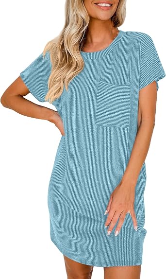 Summer Casual Womens Dress Striped Textured Ribbed Crewneck Short Sleeve Mini Tshirt with Pocket
