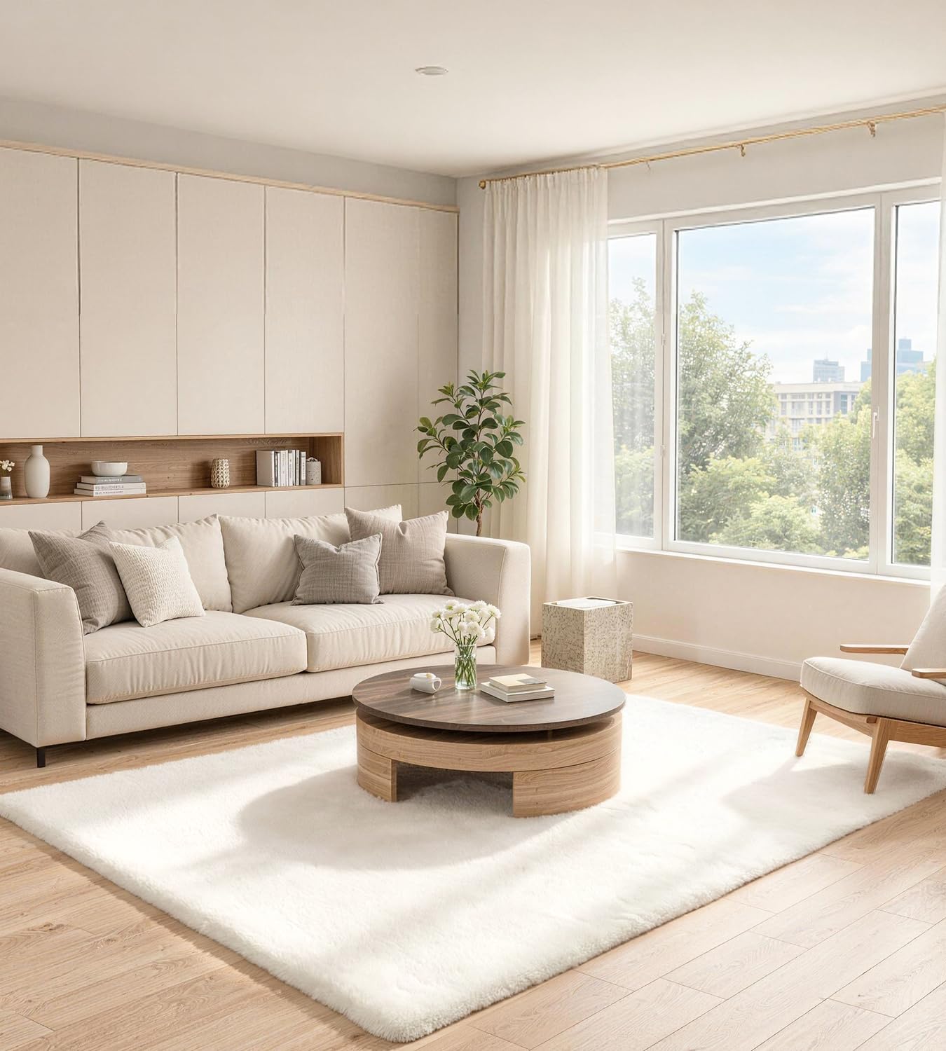 ROHATIM Bettvorleger 60x90 cm Creme, Flauschiger Kunstfell Teppich in Kaninchenfell-Optik, Ultraweich & rutschfest, Waschbares Deko-Fell für Schlafzimmer und Kinderzimmer