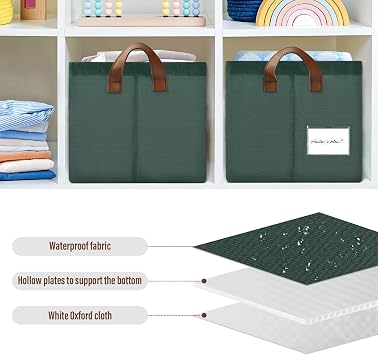 Hunter Green Large Storage Basket Collapsible Storage Box Closet Organizer Bins with Handles for Shelf Nursery Office Home Decor, 16.9 x 11.4 x 10 In