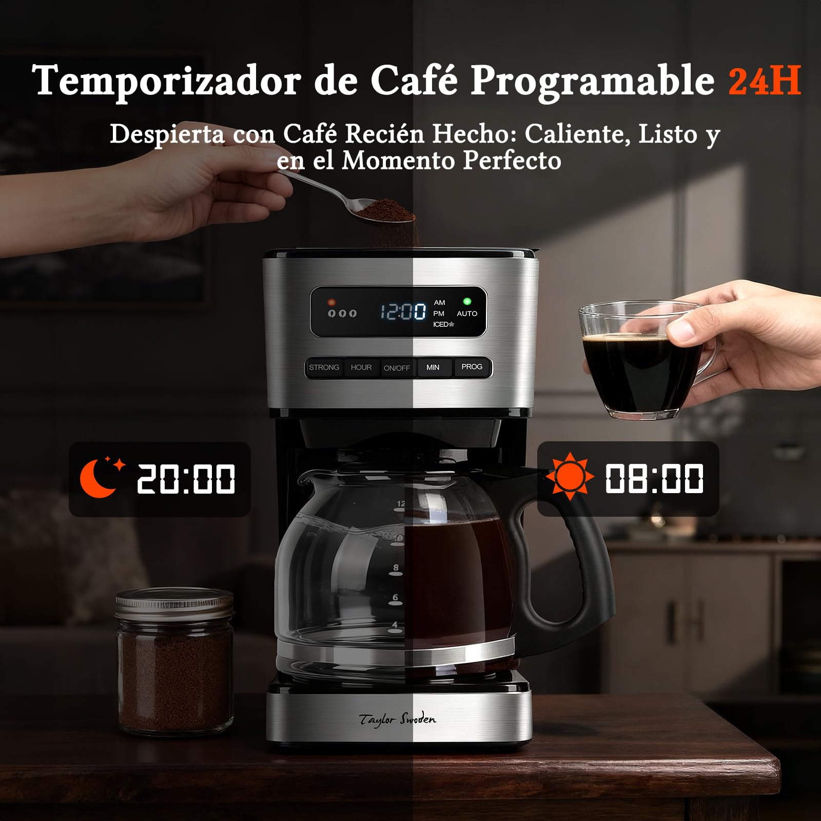 Taylor Swoden Cafetera Goteo 12 Tazas(1.8L) - Programable 24H con LED, 3 Niveles + Modo Café Helado, Jarra Borosilicato, 40 Min Mantener caliente+Autoapagado, Autolimpieza, Antigoteo, Inoxidable, 900W