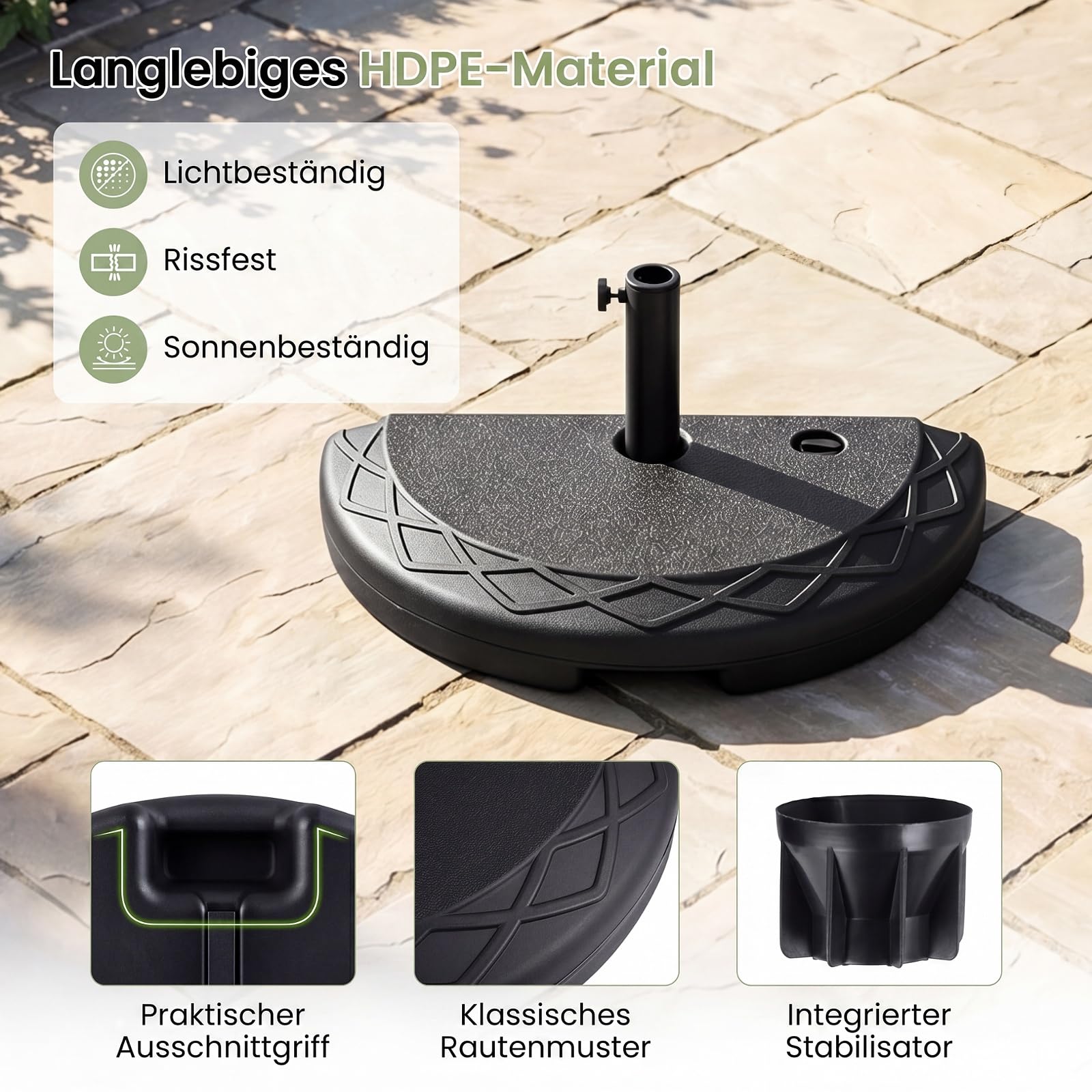 COSTWAY Sonnenschirmständer halbrund, 13 Liter / 18 kg befüllbar mit Wasser oder Sand, Schirmständer für Schirmstangen von 38/48 mm, Sonnenschirmfuß, Marktschirmständer, Sonnenschirm Ständer