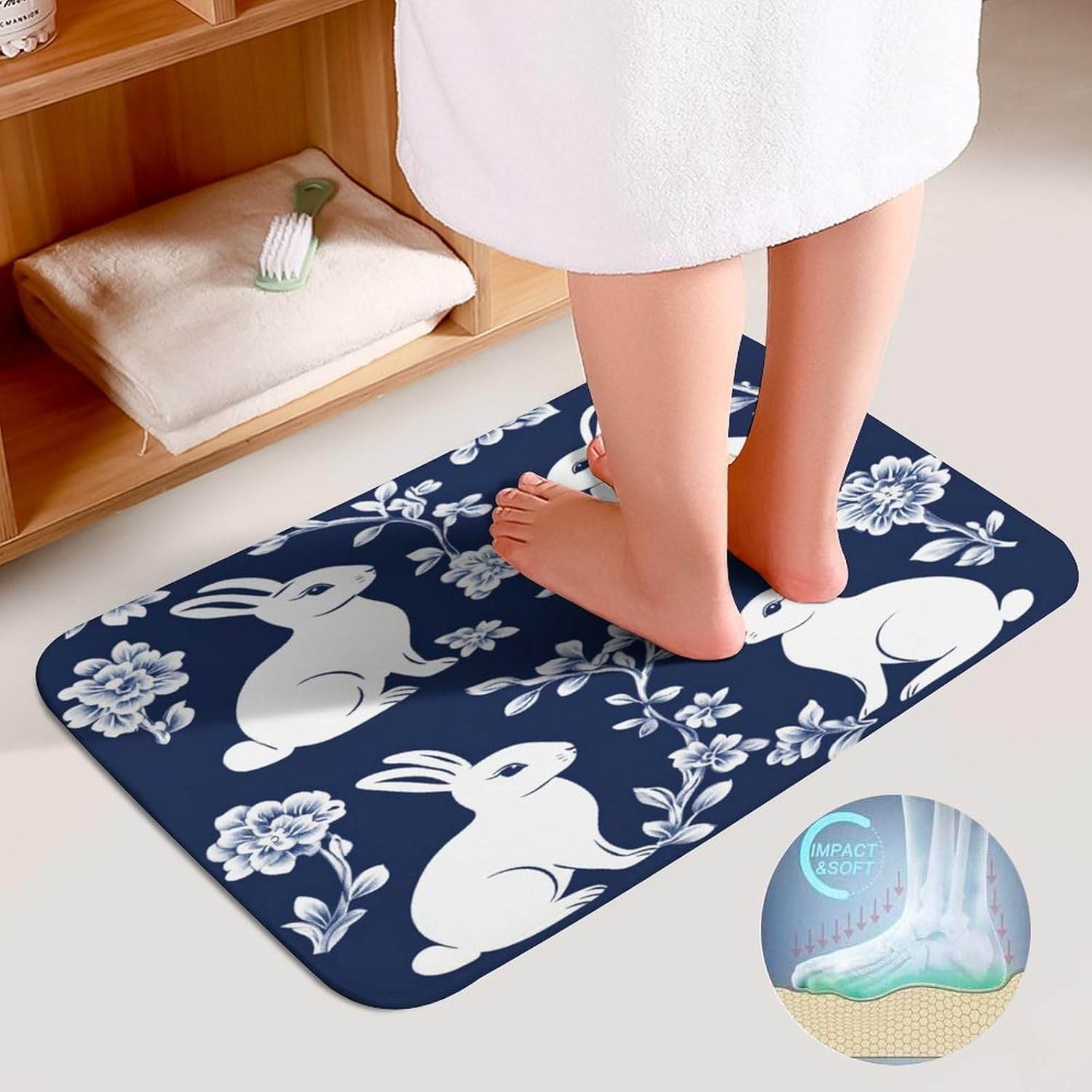 Chinoiserie Blue Bunnies Bathroom Rugs Mats Sets 3 Piece Spring Floral Rabbit U-Shape Contoured Toilet Lid Cover Mat Contoured for Toilet Lid Toilet Cover and Carpet Rug 20"x32"
