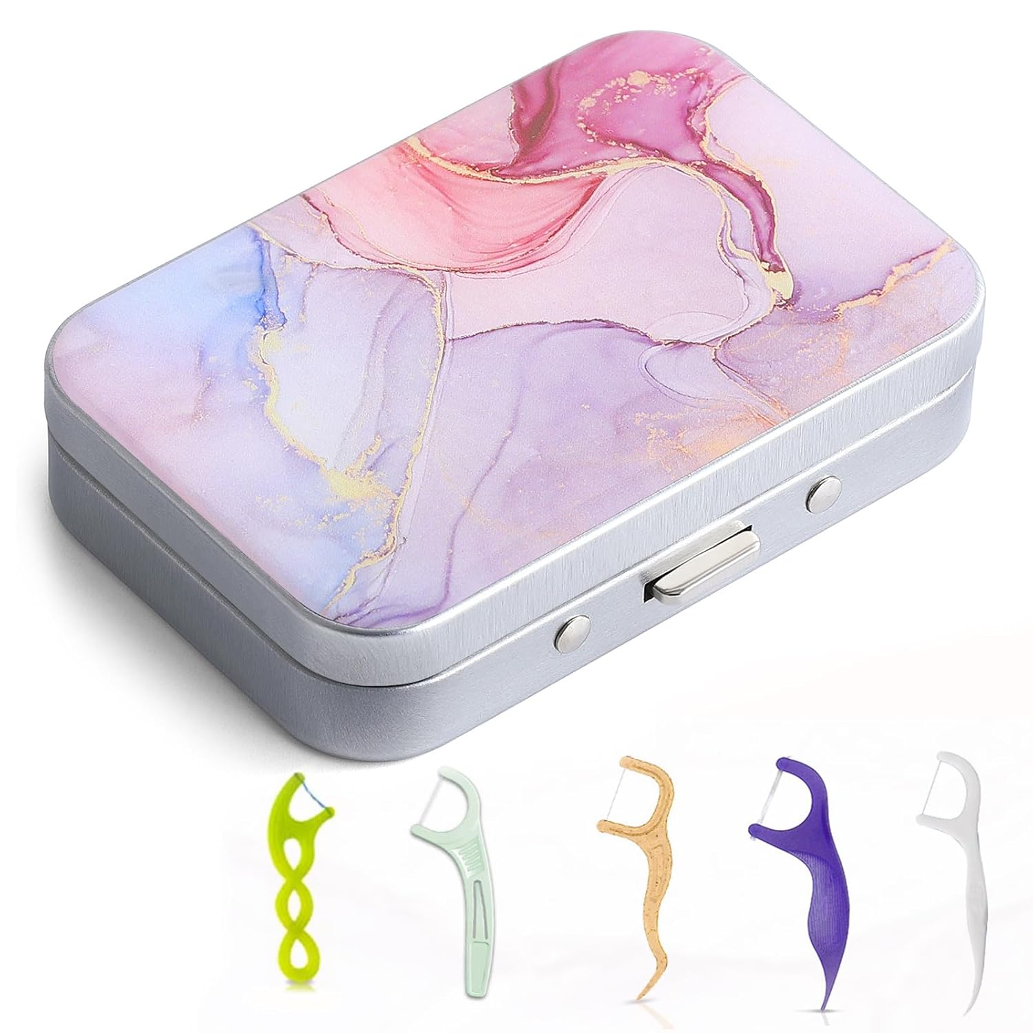 Portable pink marble dental floss case for travel convenience