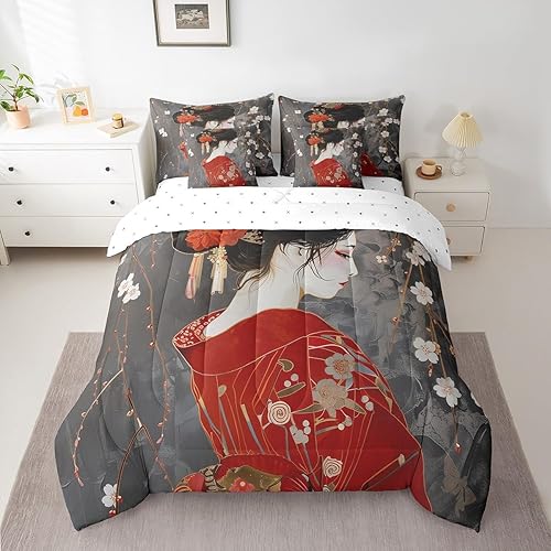 Feelyou Kids Japan Geisha Comforter Set Twin Size 7 Pieces Cherry Blossoms Beddi