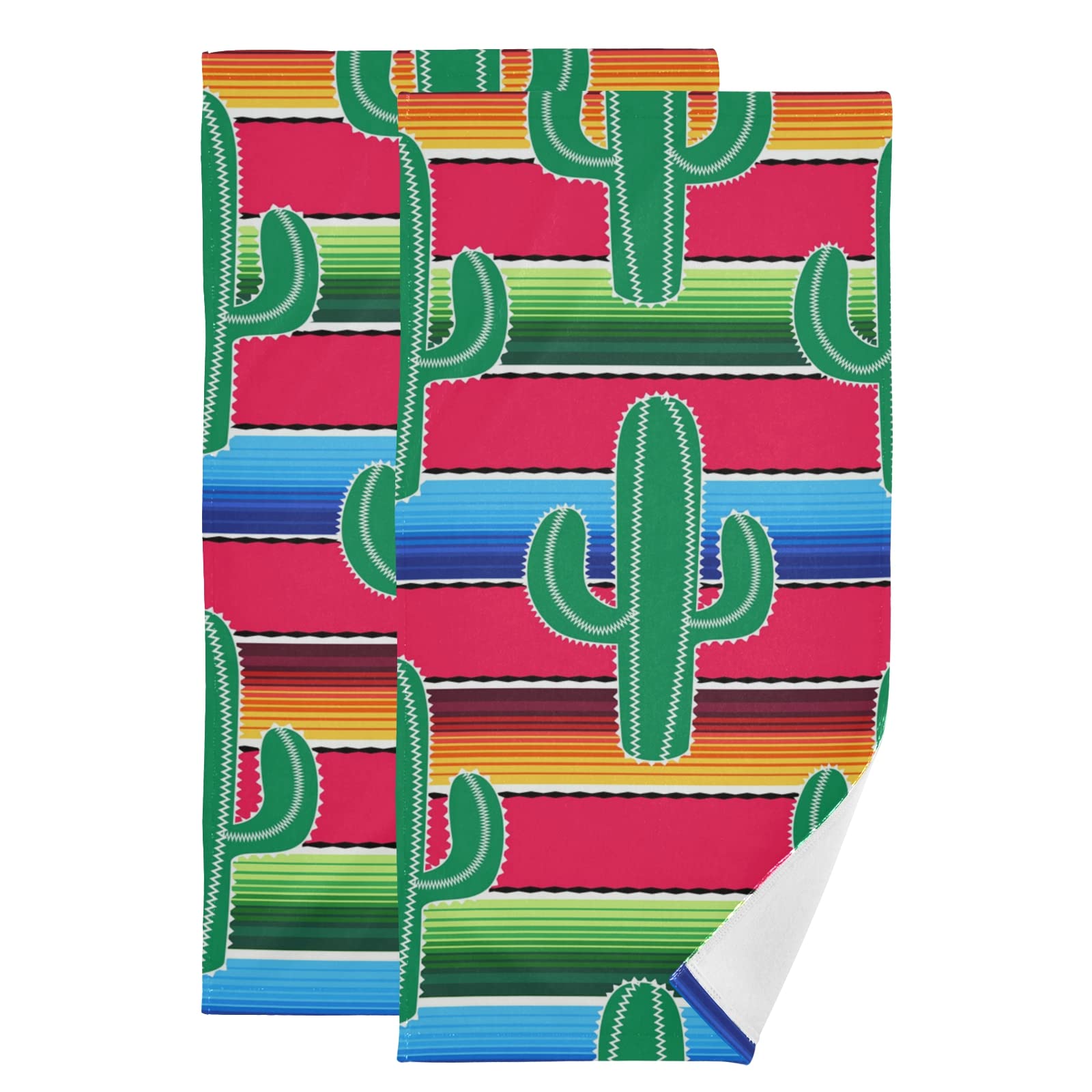 susiyo Towel Sets 2 Pack, Green Cacti on Colorful Stripes Bath Hand Towels Soft Absorbent Quick Dry for Bathroom Beach Kitchen Gym Travel