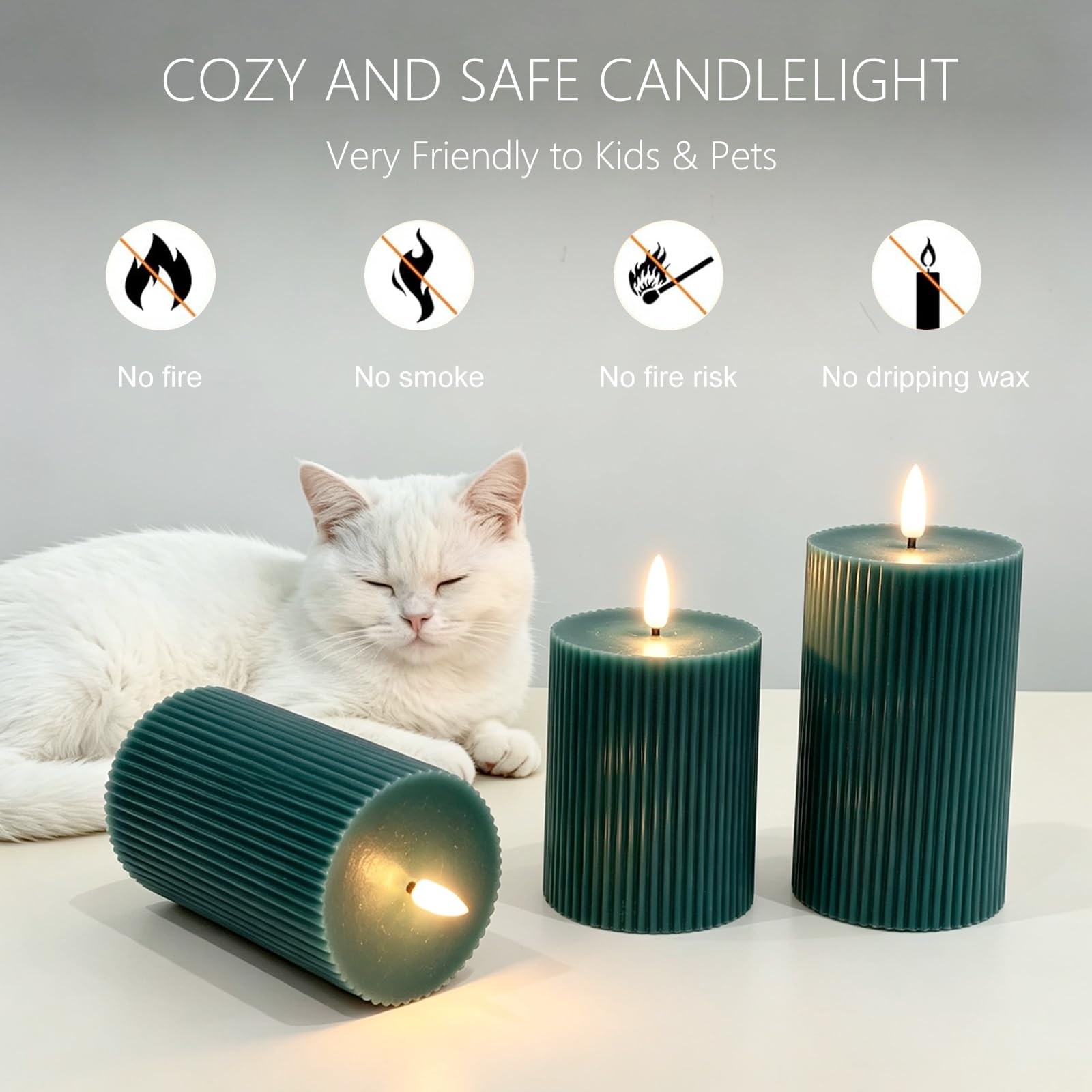 Pack de 3 Velas LED, LED Velas sin Llama, Llamas Parpadeantes Efecto de Llama Real, Material de Cera Auténtica, Funciona con Control Remoto y Temporizador, Velas Decorativas de Pilas (Verde)