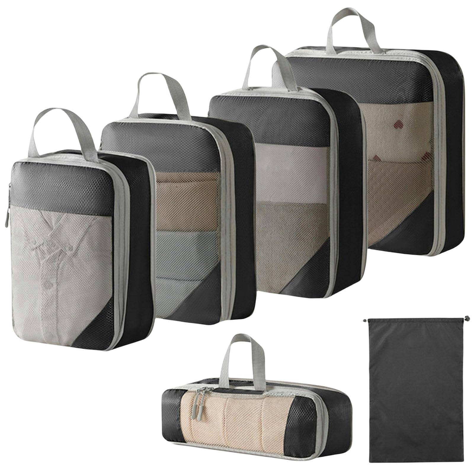 Kostki do pakowania 5 6 szt. Podróżny przenośny organizer do bagażu Torby do przechowywania Pakowanie kompresyjne Torby na buty Z siatką Lekka składana torebka Pouch-6pcs-bk