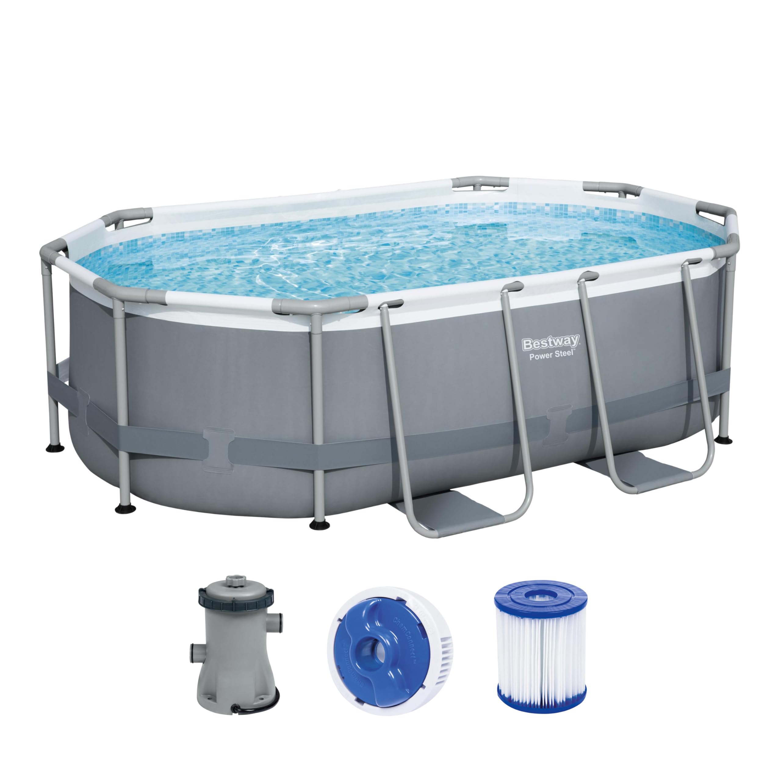 Bestway Power Steel Frame Pool Set oval 305 x 200 x 84 cm mit Filterpumpe grau