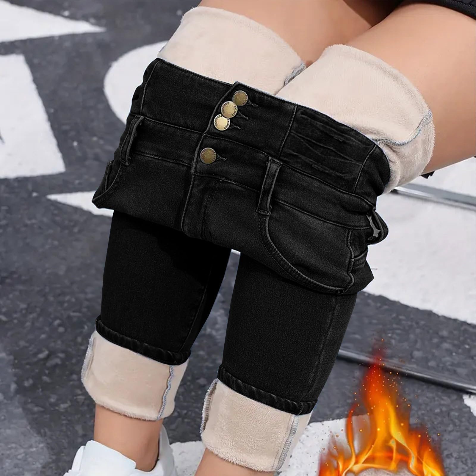 Jean Stretch Femme Taille Haute Pantalon Doublé Polaire Chaud