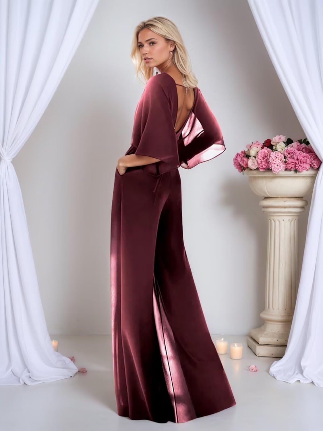 Chiffon Jumpsuits Mother of The Bride Pant Suits - A Line V Neck Pleated Backless Wedding Guest Formal Evening Gowns