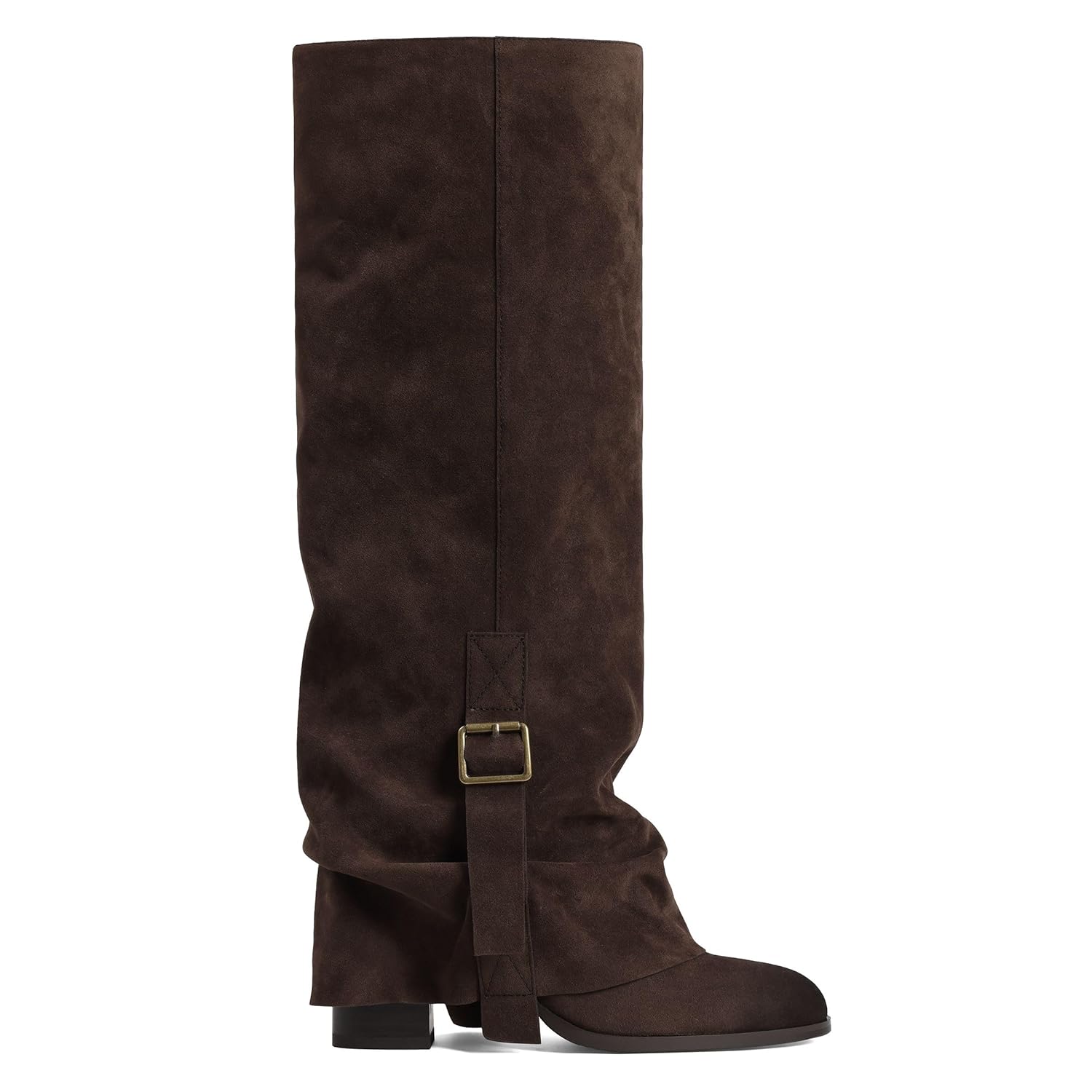 Wide Calf Knee High Boots For Women Fold Over Slouchy Round Toe Buckle Tall Shoes