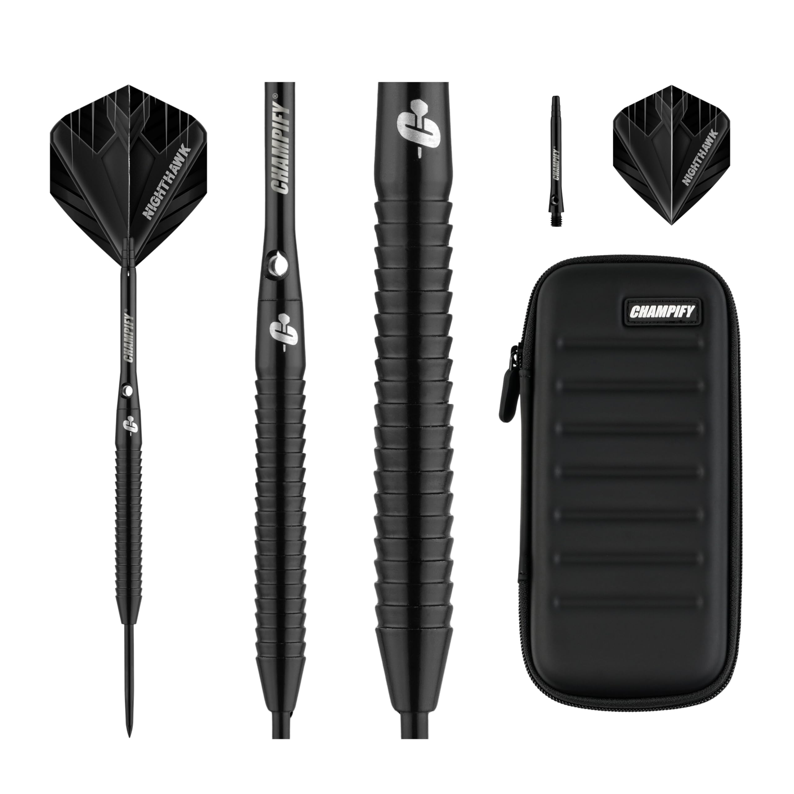 Champify® 90% Tungsten Darts Set mit schwarzer Darttasche| 3 Steeldarts mit 9 Alu-Schäften & 9 Flights | Dart Set mit Zubehör | Dartpfeile mit Metallspitze
