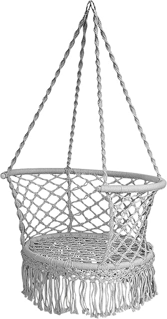CASART Swing Hanging Chair with Cotton Rope Tassels, 160KG Weight Capacity, Woven Macrame Round Hammock Seat for Garden Home Patio Yard (Grey)