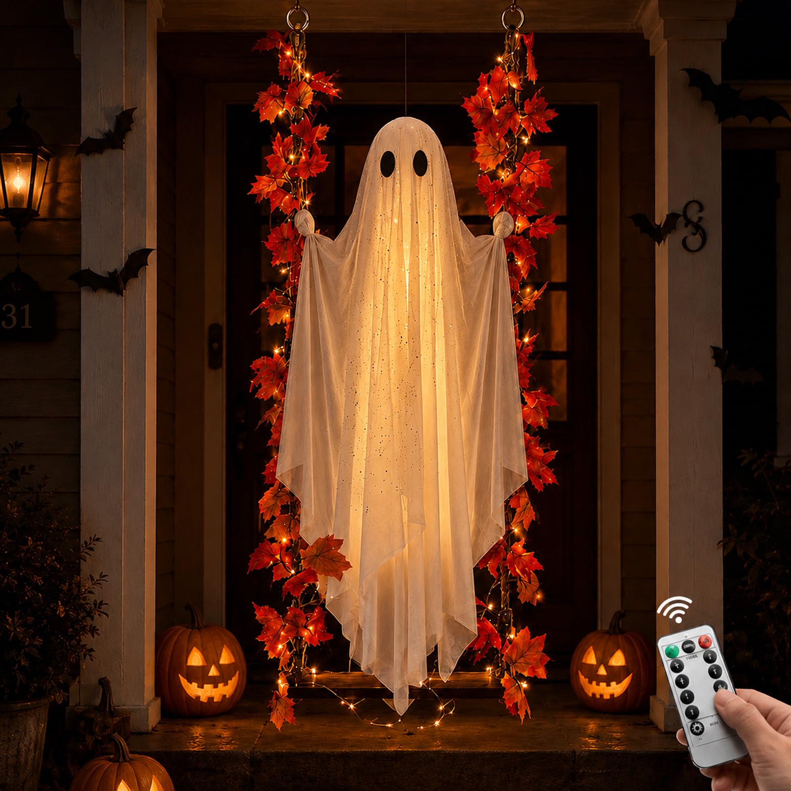 Halloween Swinging Ghost Outdoor Decor, 5Ft Hanging Light Up Ghosts On a Swing with Maple Leaf Vine, Remote Control 8 Modes Led Lights, Spooky Decoration for Tree Yard Porch Garden Fall Party