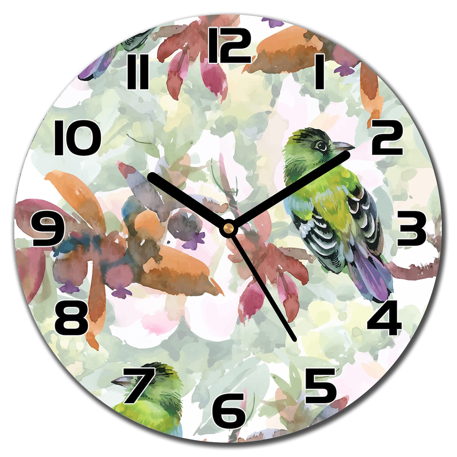 Horloge moderne en verre lisible aiguilles noires 30 cm motif oiseaux