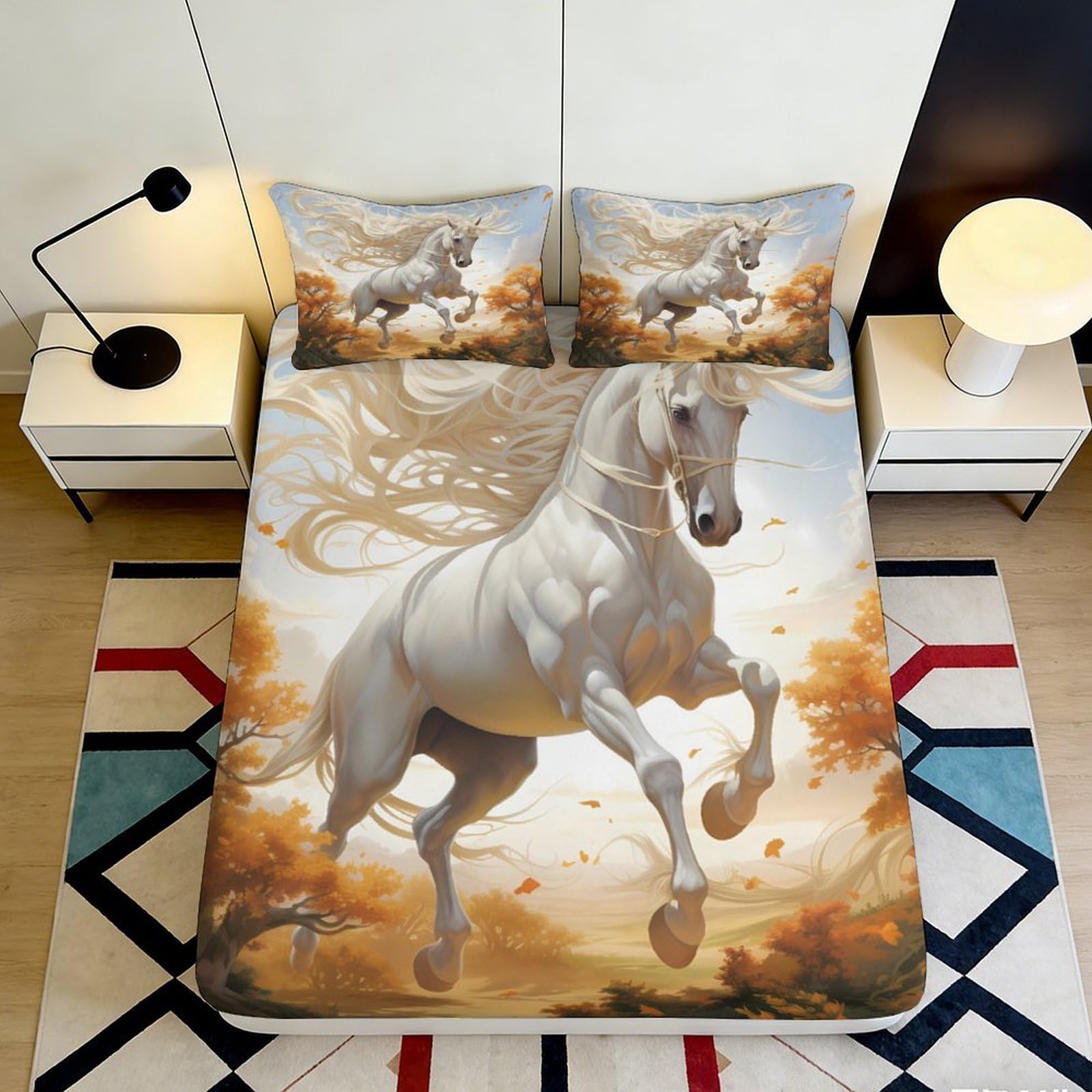 3D Printed White Unicorn Fitted Sheet Microfiber Autumn Fantasy Bed Cover for Bedroom Guest Room Mattress Protection Decor 160x200x25cm