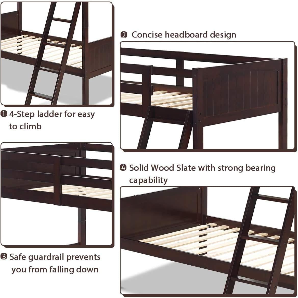 HONEY JOY Twin Over Twin Bunk Bed, Coverts to Two Individual Toddler Beds, Solid Rubberwood Frame, Children Sleeping Bedroom Furniture with Long Ladder & Safety Guard Rail (Espresso)