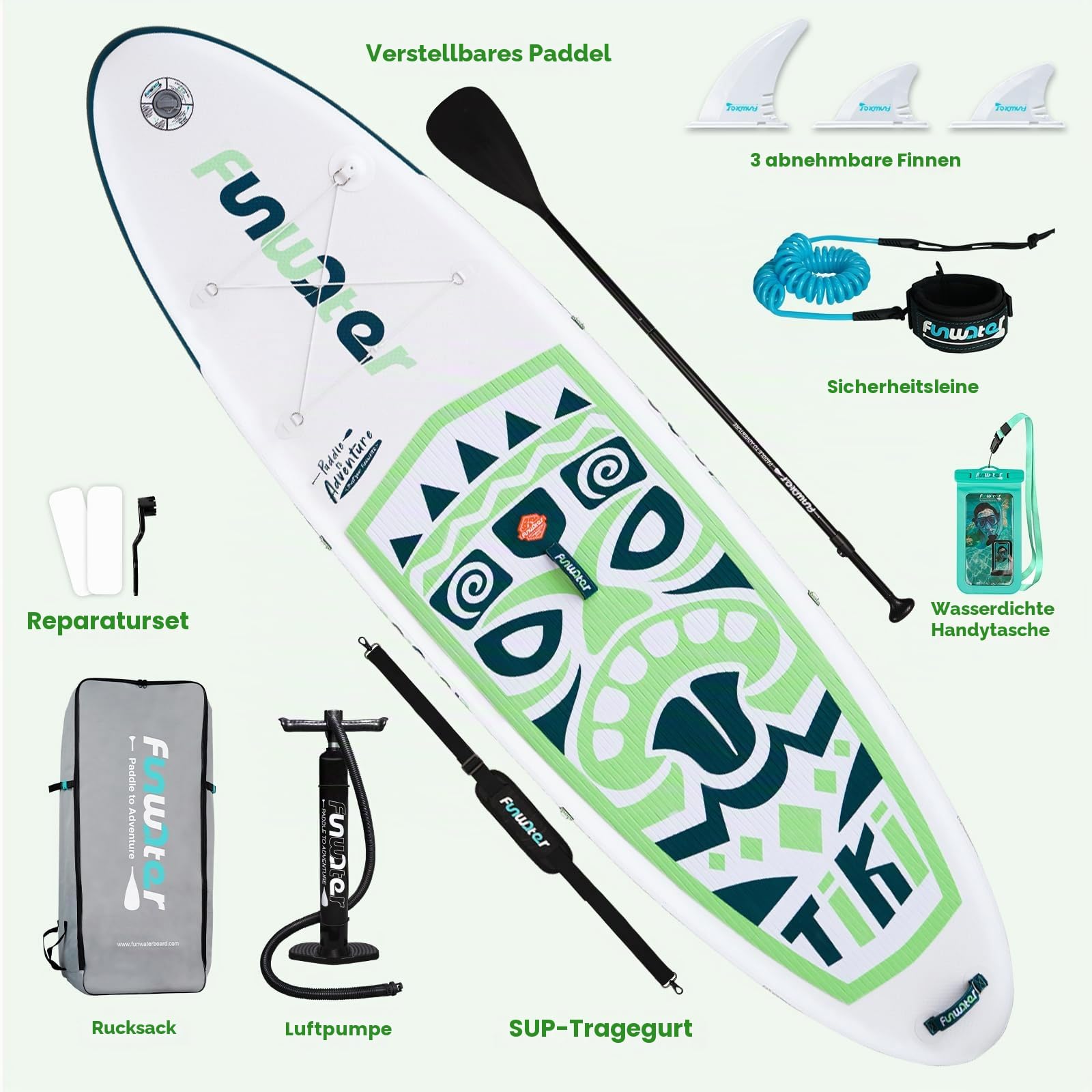 FunWater aufblasbares Stand-Up Paddle Board für alle Könnensstufen, ideal für Einsteiger & Familien, mit Anti-Rutsch Eva-Deck, Paddel, Pumpe & komplettem Zubehör