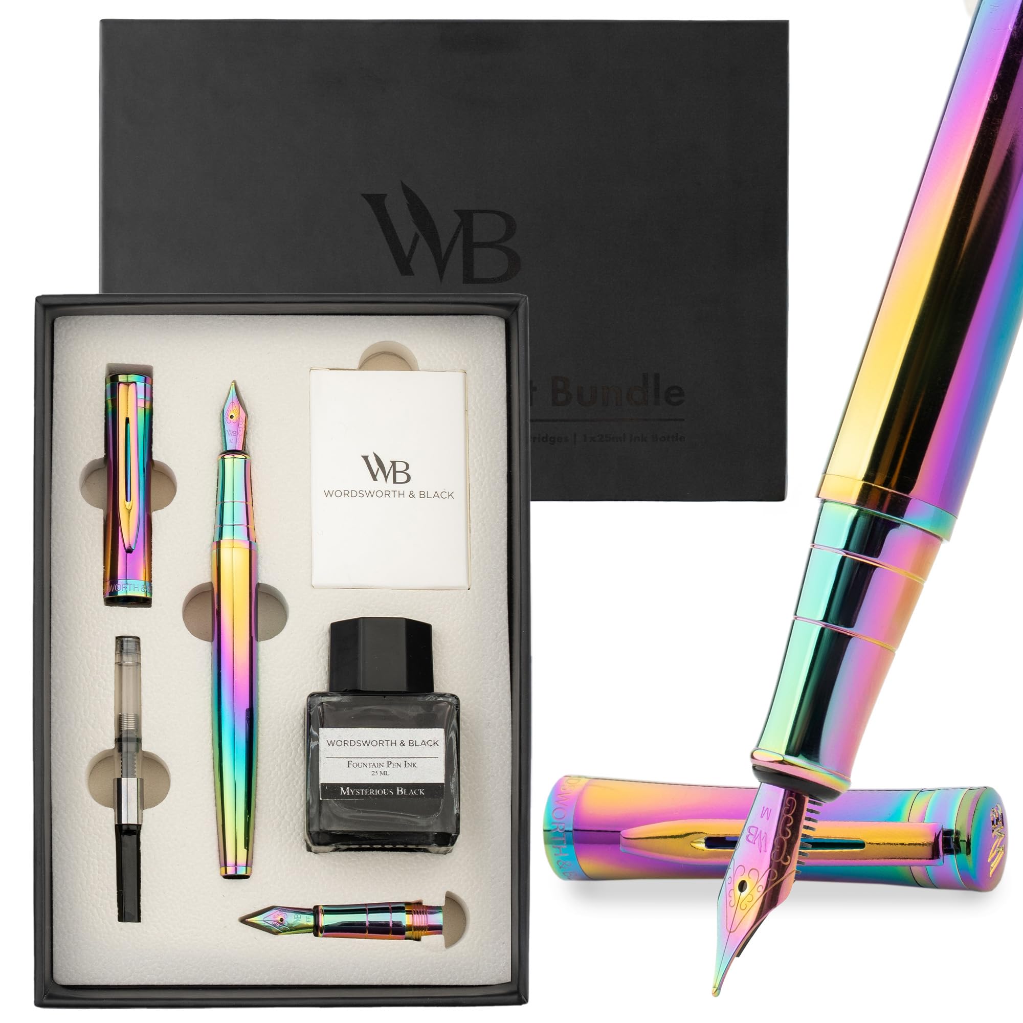 Wordsworth & Black Fountain Pen Set, 18K Gilded Medium and Extra Fine Nib, 25ML Black Ink Bottle, 6 Ink Cartridges,Refill Converter, Gift Box,Smooth Writing Pens [Rainbow],Gift Set for Men and Women