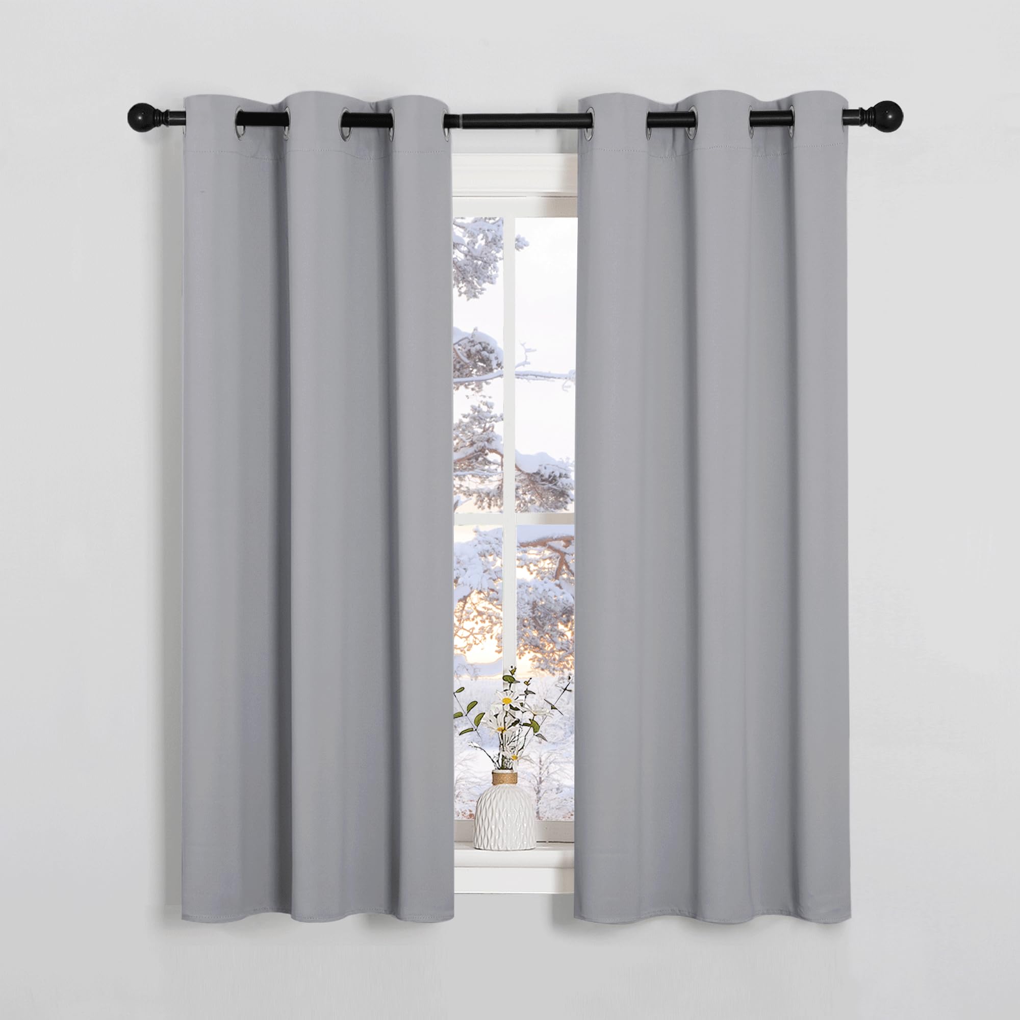 PONY DANCE Short Silver Grey Blackout Curtains With Eyelet for Bedroom Thermal Room Darkening Privacy Curtains & Drapes for Nursery Kids,Soundsproof Light Blocking Drapes