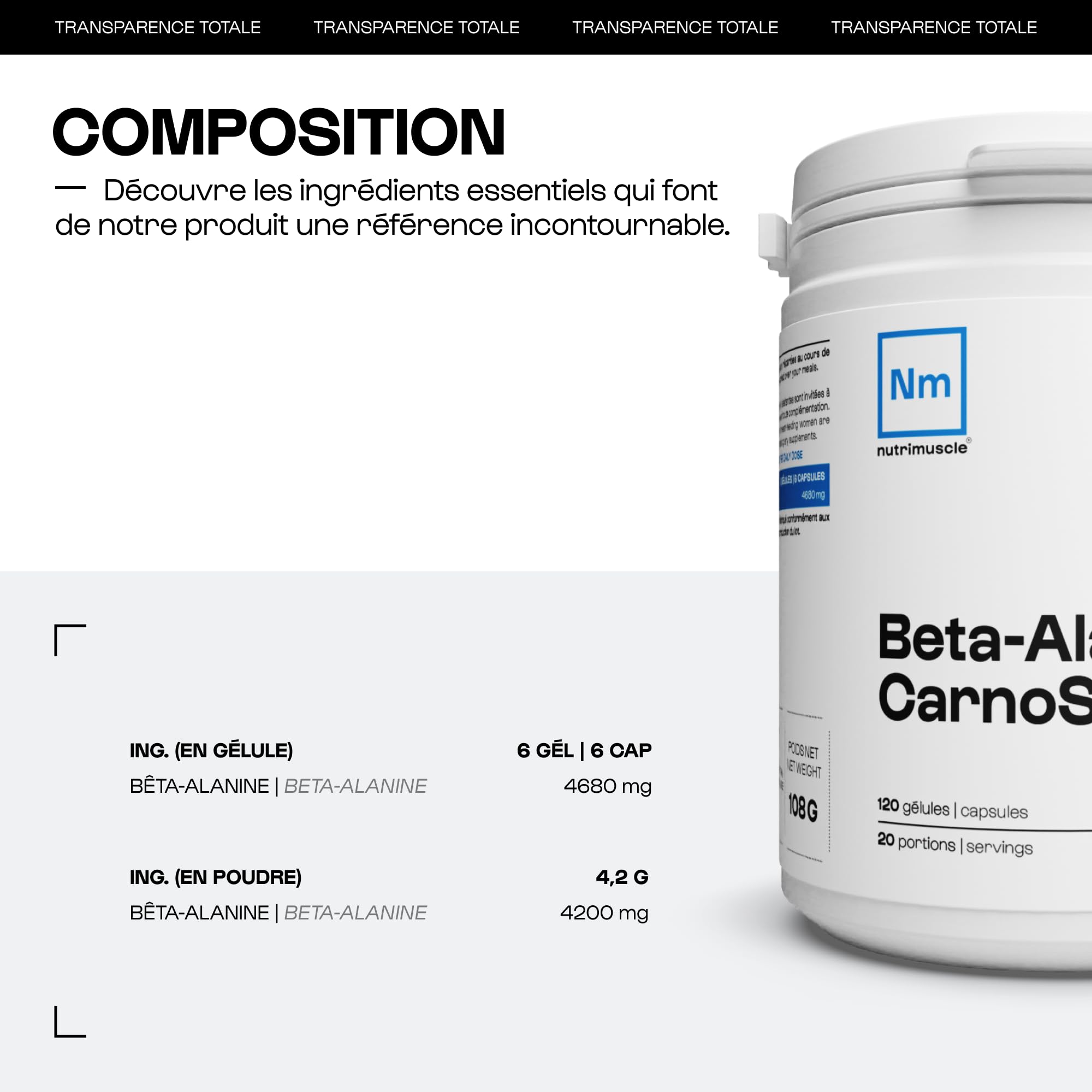 Nutrimuscle Bêta-Alanine Carnosyn 120 Gélules | 100% Pure - 4680 mg par dose - Booster Force et Endurance - Musculation et Fitness - Idéal en Pre Workout - Vegan