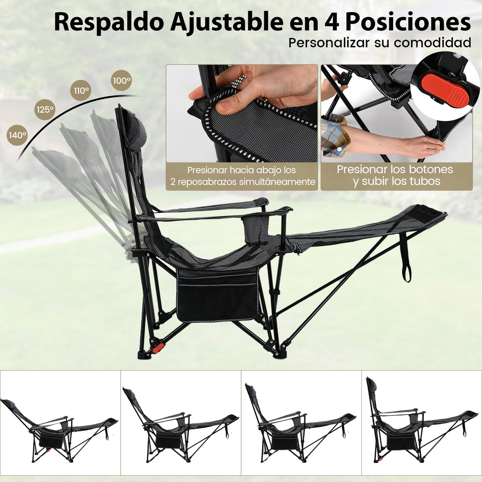 COSTWAY Silla Plegable Camping con Reposapiés Extraíble, Tumbona Reclinable con Respaldo Ajustable de 4 Niveles, Reposacabezas, Portavasos, Bolsa de Transporte, Jardin Playa Piscina (Gris)