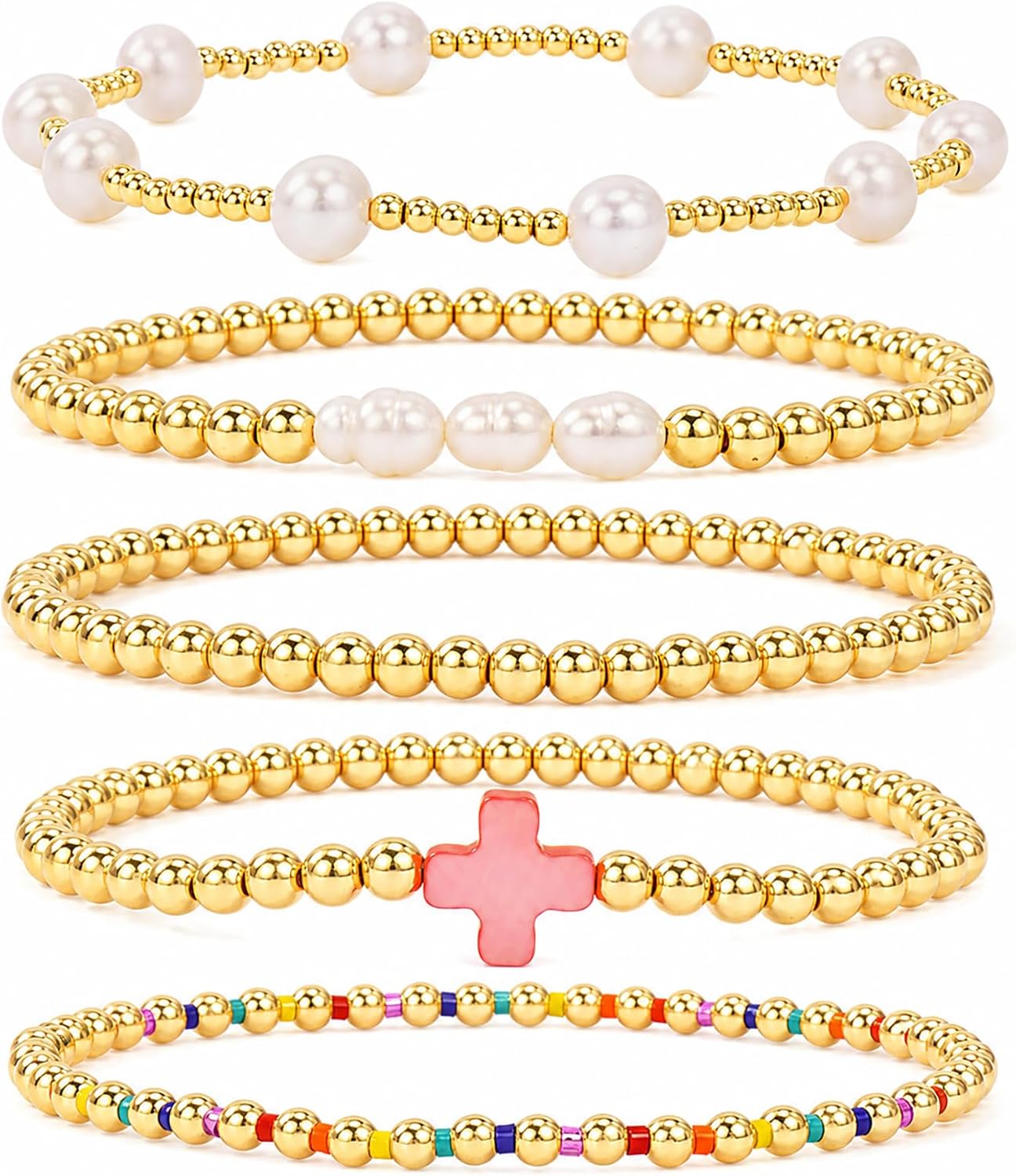 Gold Bracelets for Women, Beaded Cross Stack, Non Tarnish Set，Set-1