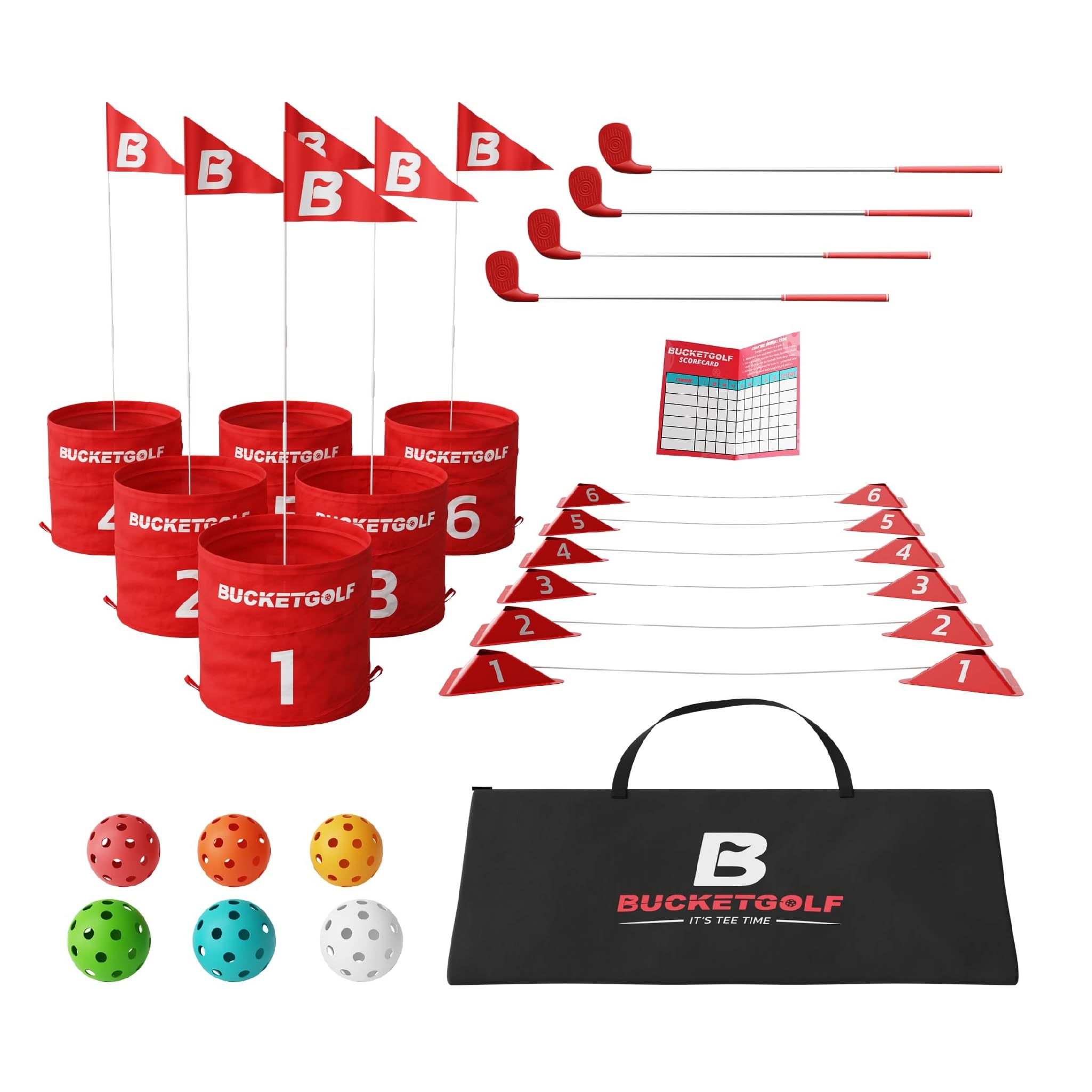 bucketgolf Game 6 Hole Bundle with Clubs - The Best Backyard Golf Game for All Ages and Levels Adults, Kids, Families, Schools, Yards, Parks, Beaches,