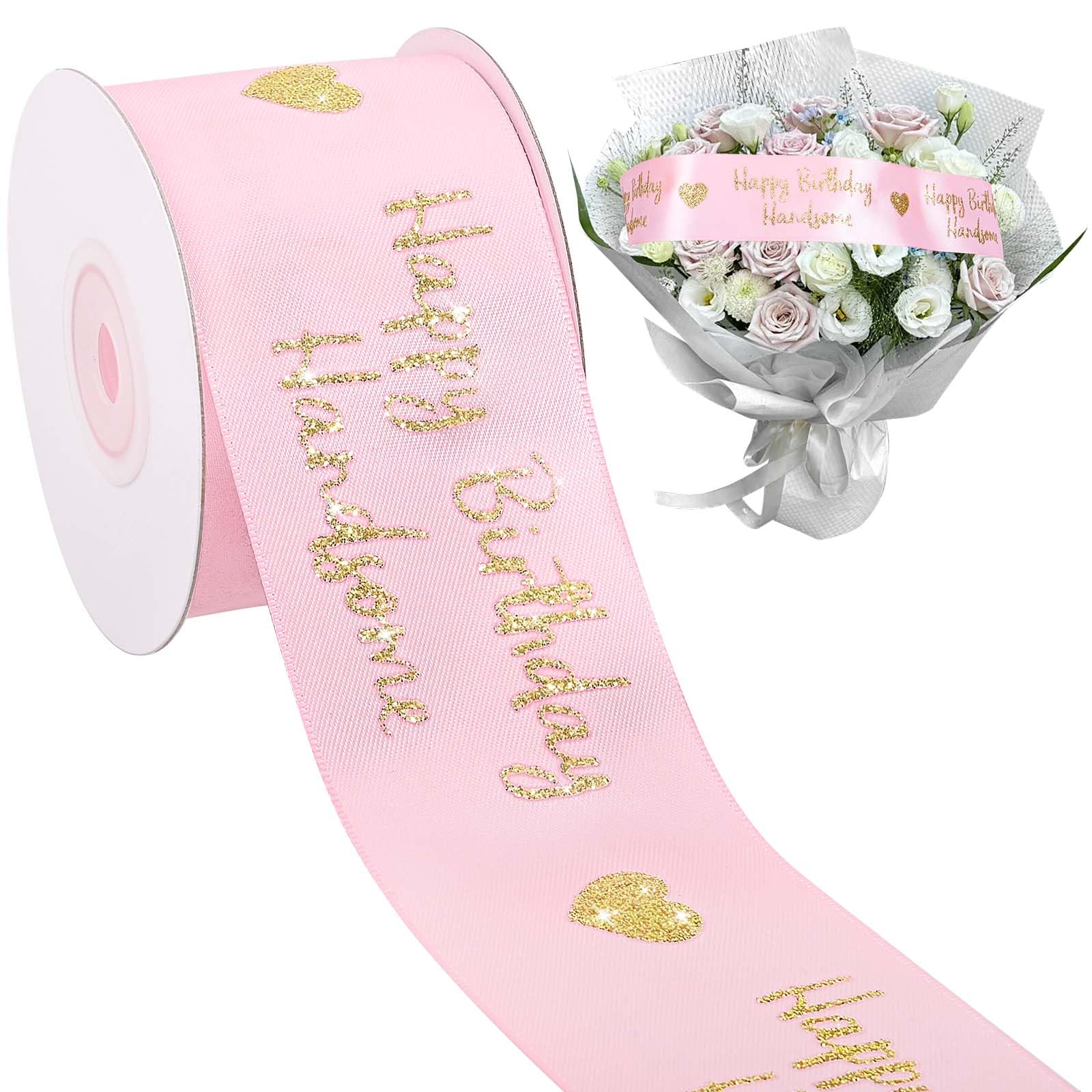 Photo 1 of 1 Rolls 10 Yards Happy Birthday Ribbon Pink Glitter Happy Birthday Handsome Ribbon for Party Gift Wrapping DIY Crafts Home Decor Supply, 2 inch