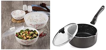 Opalware Twilight Floral Mixing Bowls with Lid(500ml, 1000ml,1500ml), 3 Pc, White & Cello Induction Base Aluminium Non Stick Sauce/Milk Pan, Black, 1.5Ltrs