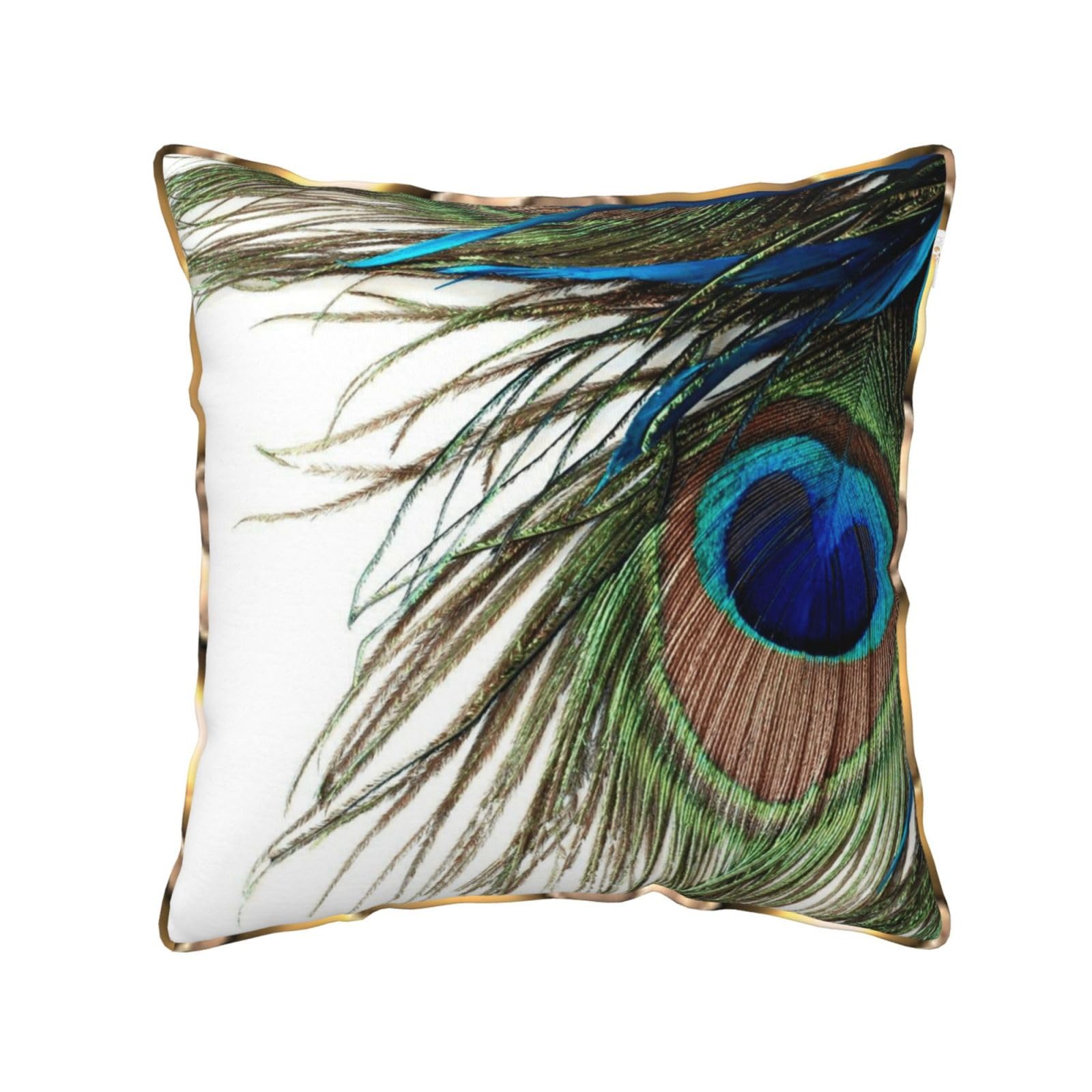 AUBKFELD peacock feather Printed Velvet Cushion Cover 50x50 CM with Gold Edging Strip, Square Pillowcase Soft Throw Pillow Covers Case Decorative for Living Room Sofa Couch Bed Bench