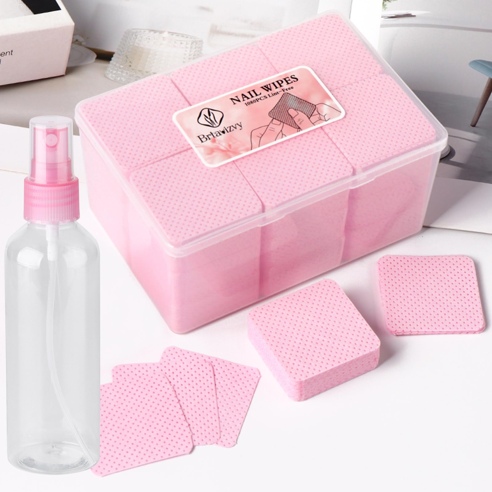 Lint-Free Nail Wipes With 100ML Empty Spray Bottle Set,1080pcs Pink Non-Woven Fabric Dry Nail Prep Skin Nail Polish Remover Wipes Nail Cleaning Pads Eyelash Extension Glue Wipes Paper
